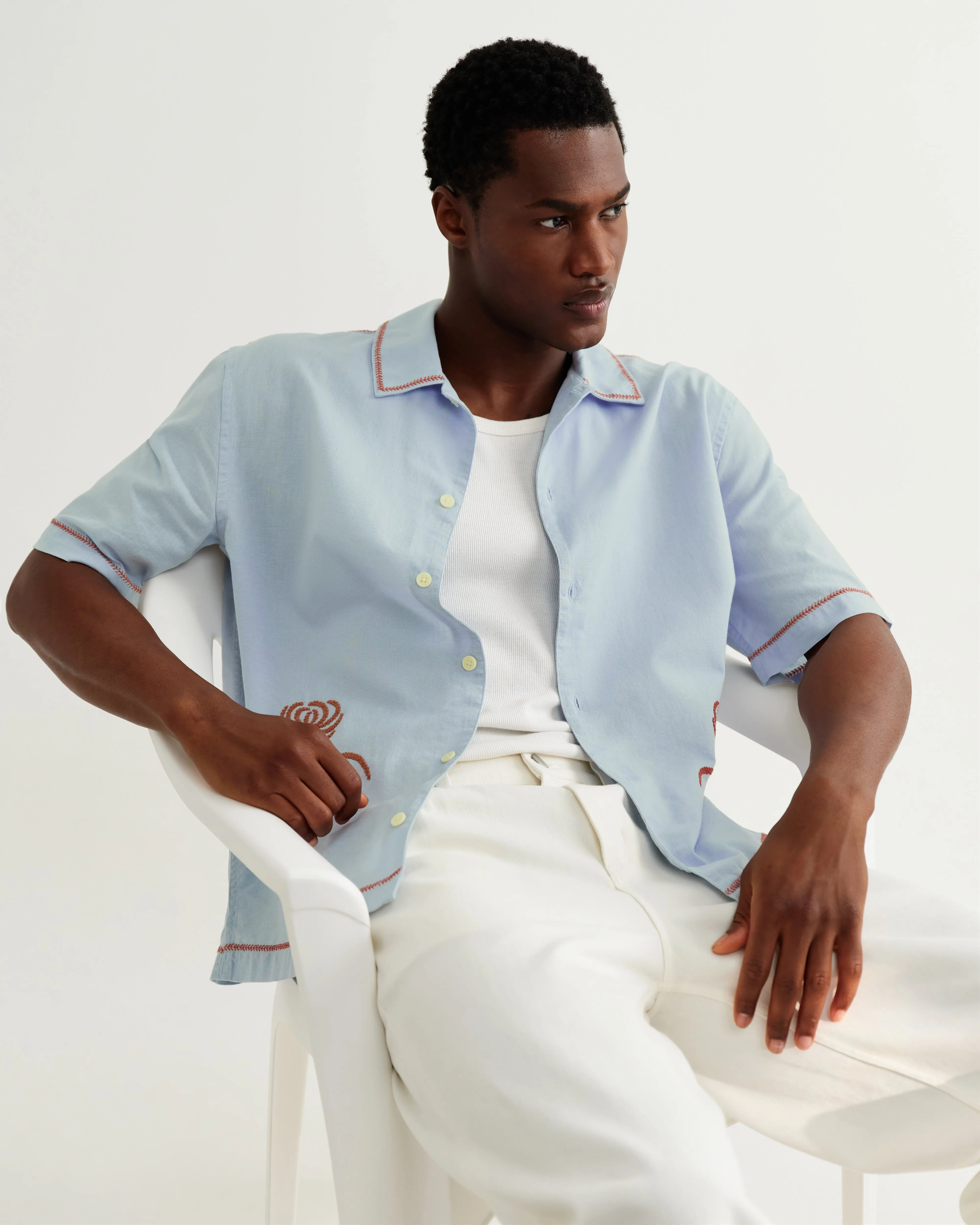 Keats - Light Blue And Rust Embroidered Short-Sleeve Shirt sold by Wax London product image thumbnail 3