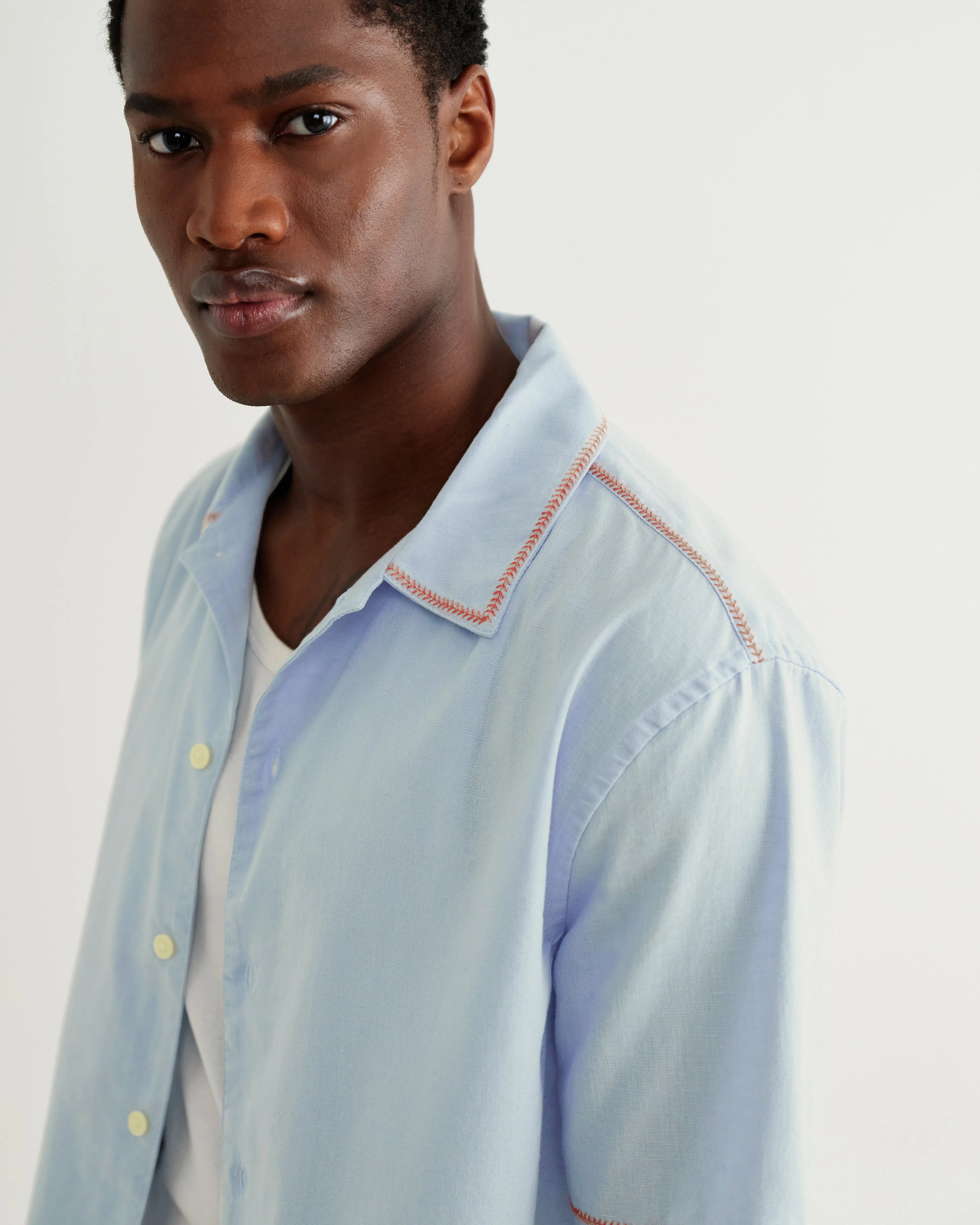 Keats - Light Blue And Rust Embroidered Short-Sleeve Shirt sold by Wax London product image thumbnail 5