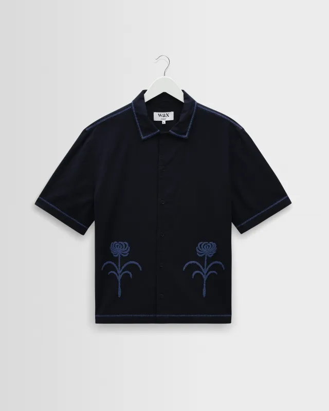 Keats - Navy And Blue Embroidered Short-Sleeve Shirt made by Wax London