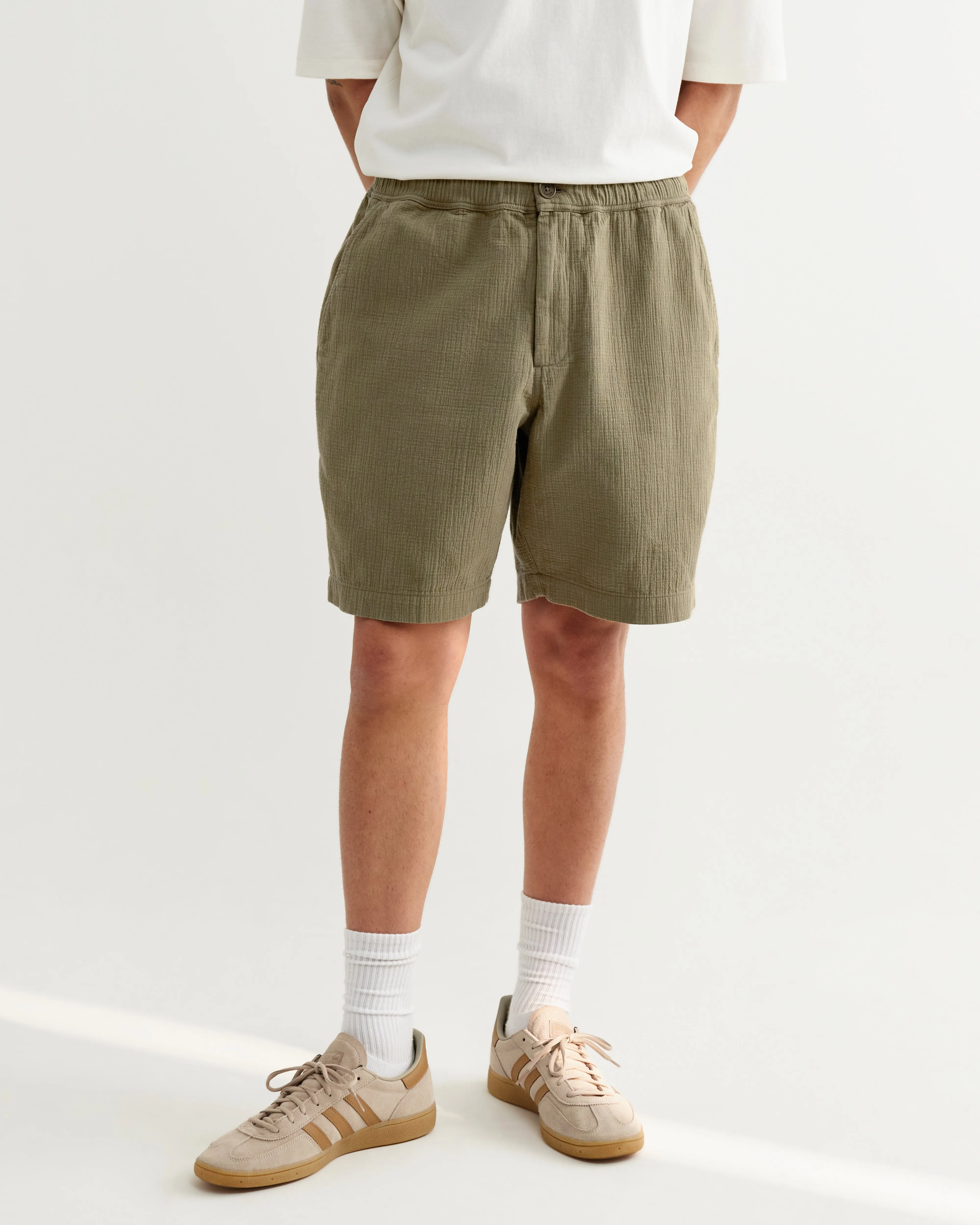 Kurt - Khaki Crinkle Cotton-Linen Shorts sold by Wax London product image thumbnail 3