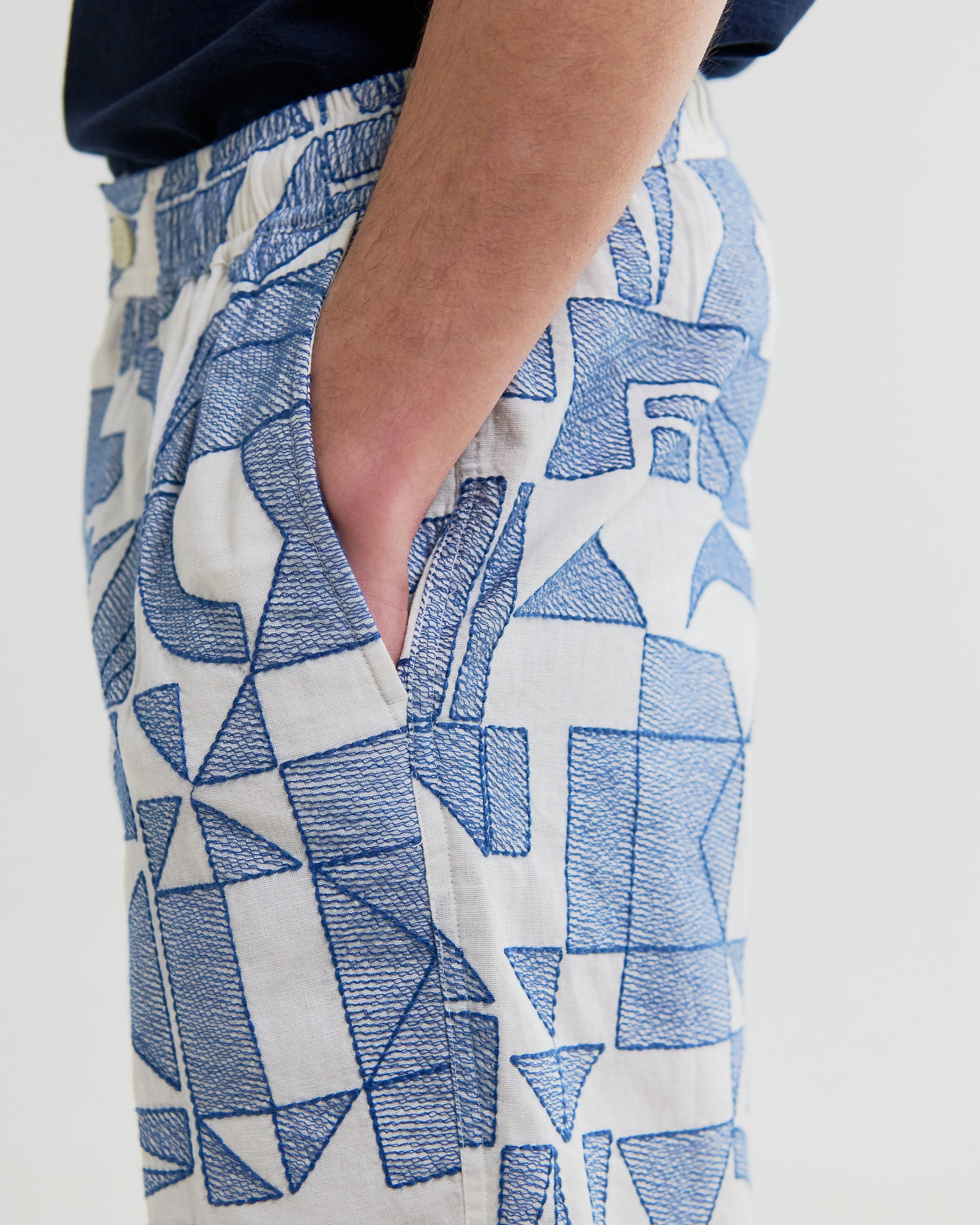 Kurt - Ecru And Blue Geometric Embroidered Shorts sold by Wax London product image thumbnail 4