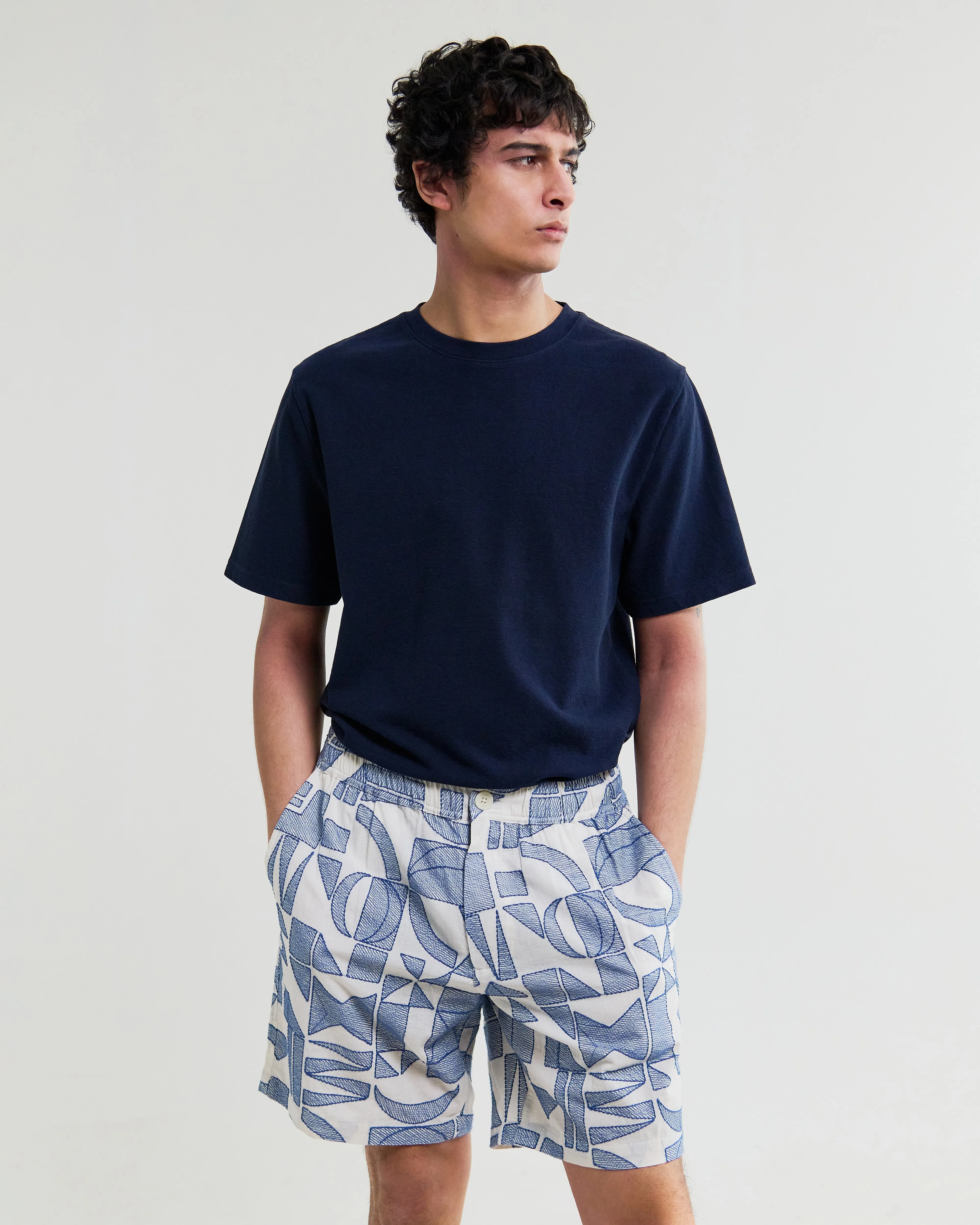 Kurt - Ecru And Blue Geometric Embroidered Shorts sold by Wax London product image thumbnail 3