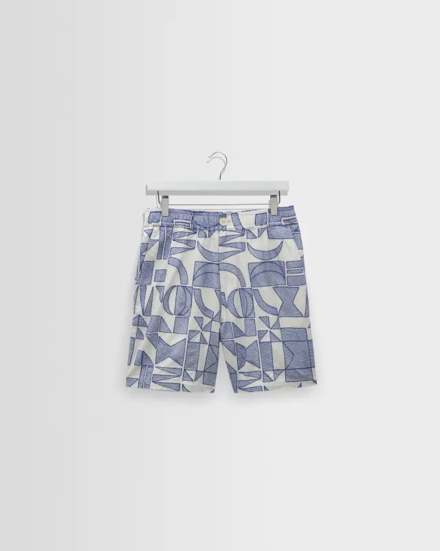 Kurt - Ecru And Blue Geometric Embroidered Shorts made by Wax London