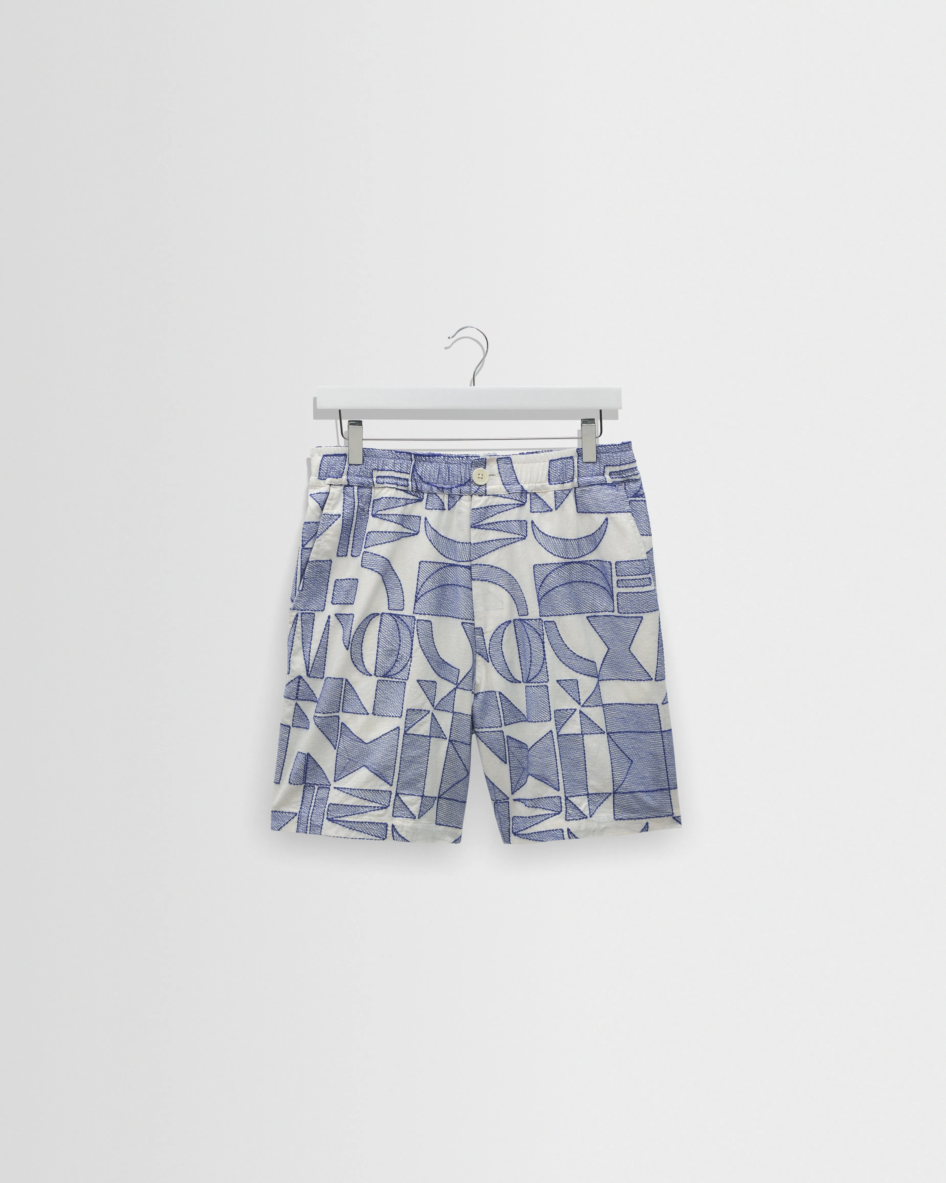 Kurt - Ecru And Blue Geometric Embroidered Shorts sold by Wax London