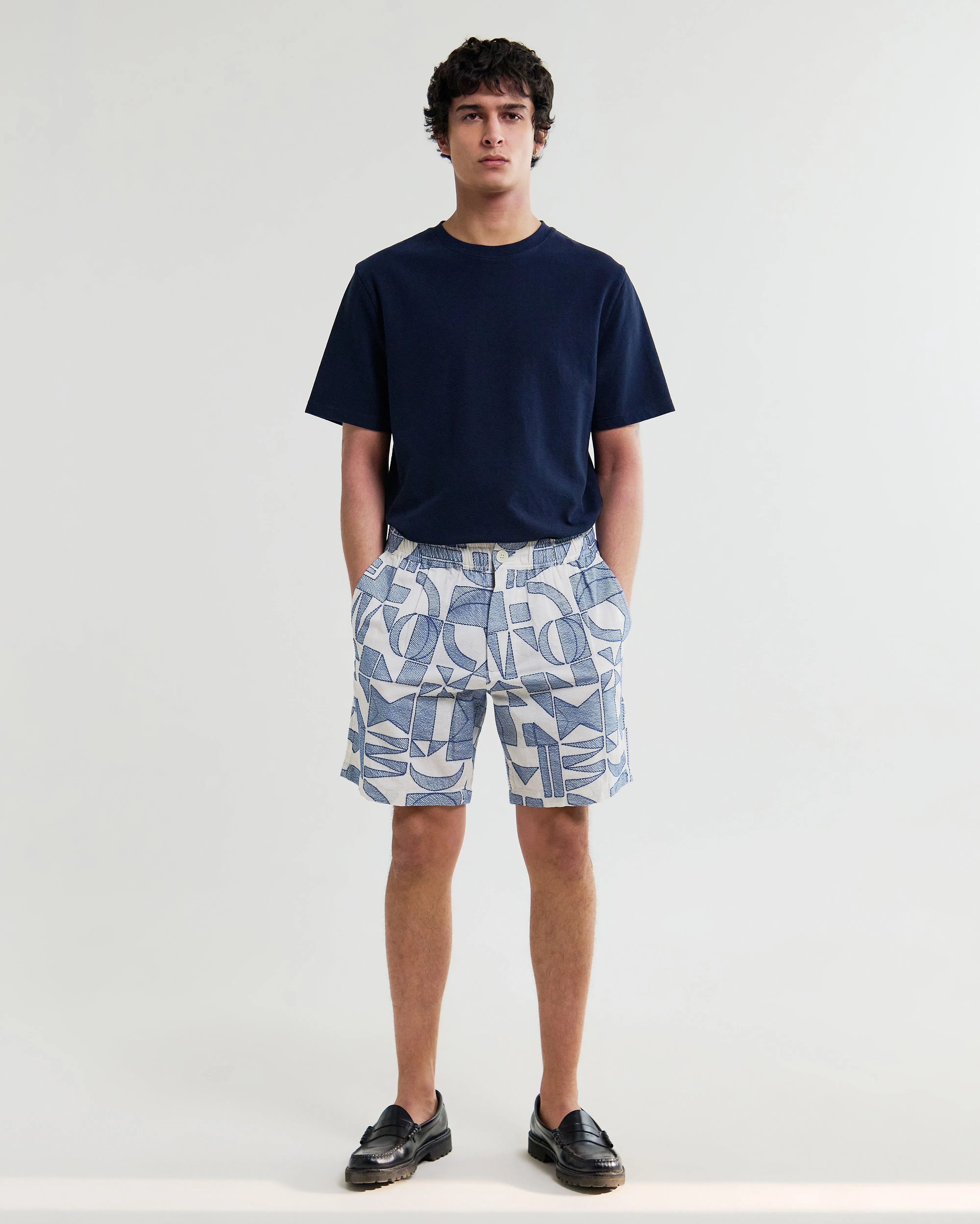 Kurt - Ecru And Blue Geometric Embroidered Shorts sold by Wax London product image thumbnail 2