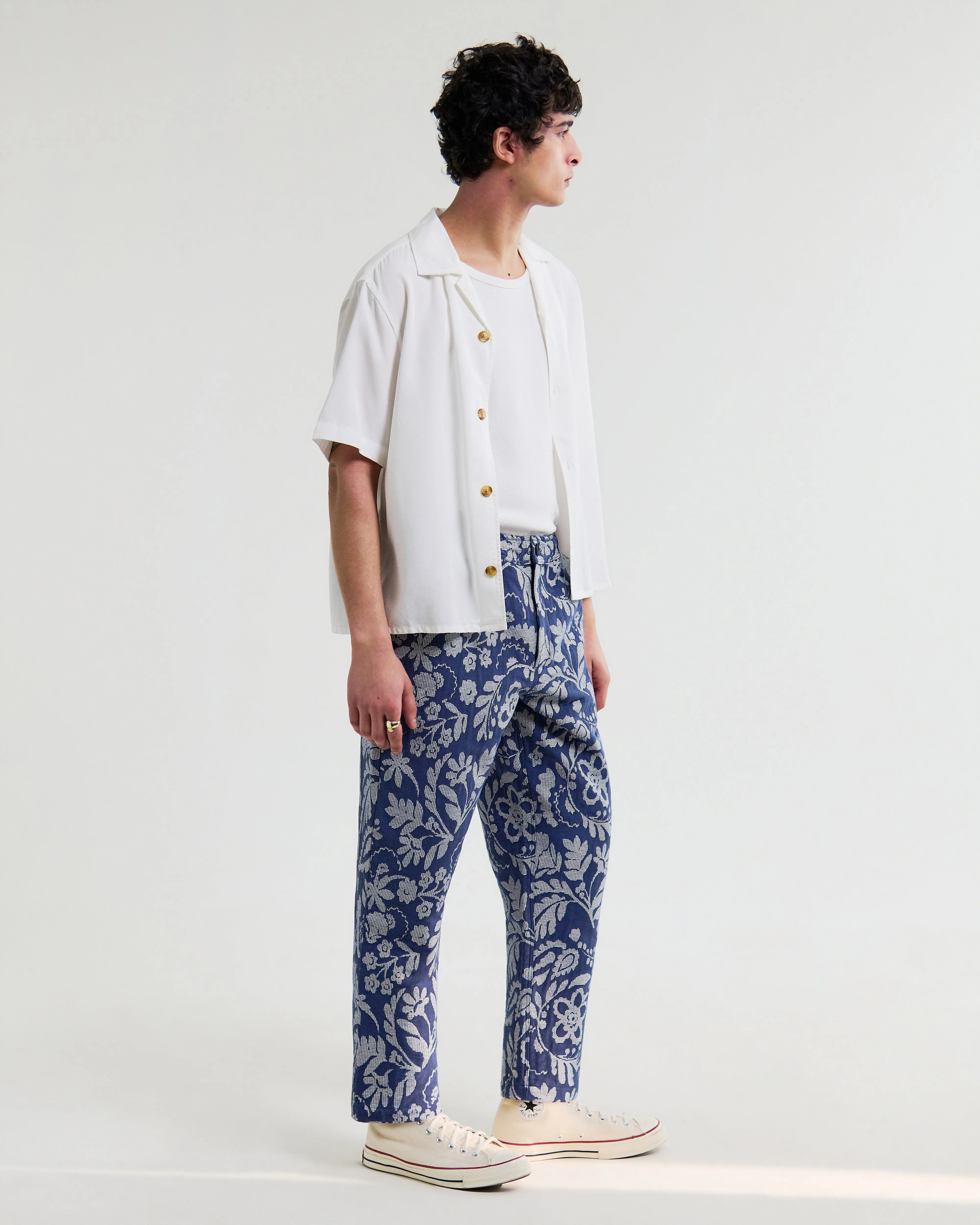 Kurt - Blue And Ecru Floral Jacquard Relaxed Fit Trousers sold by Wax London product image thumbnail 5