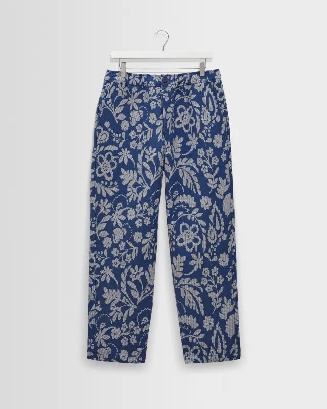 Kurt - Blue And Ecru Floral Jacquard Relaxed Fit Trousers made by Wax London