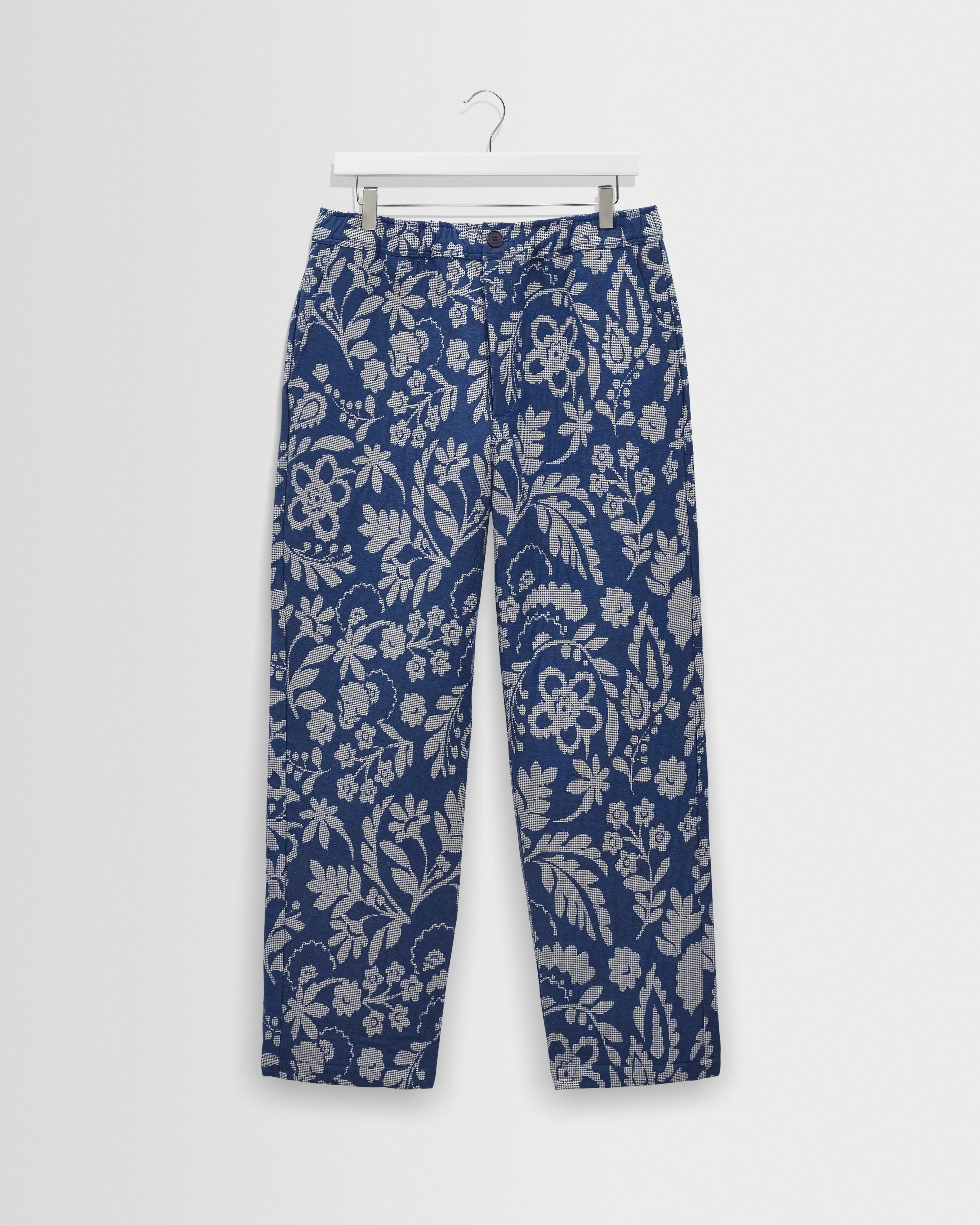 Kurt - Blue And Ecru Floral Jacquard Relaxed Fit Trousers sold by Wax London