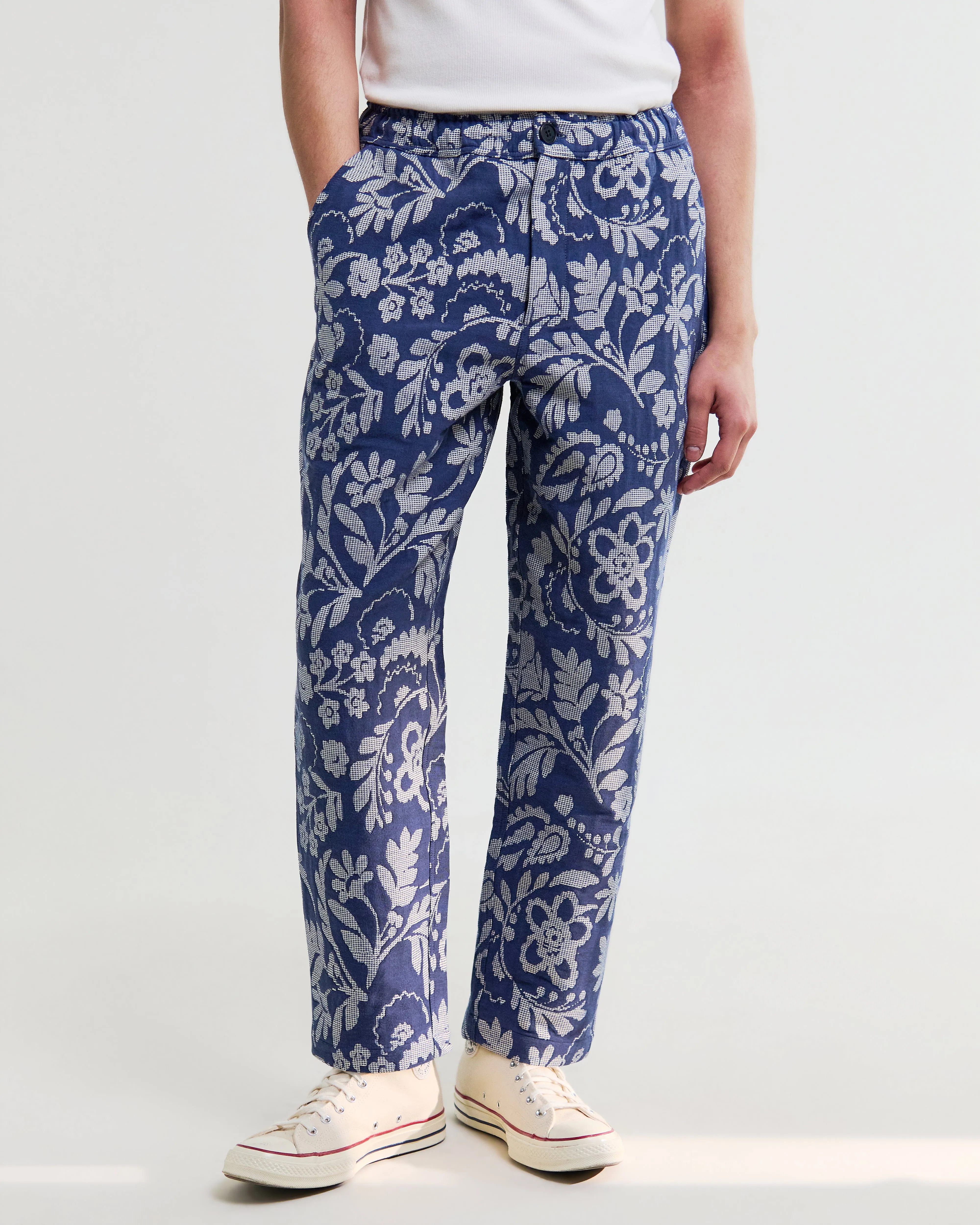 Kurt - Blue And Ecru Floral Jacquard Relaxed Fit Trousers sold by Wax London product image thumbnail 3
