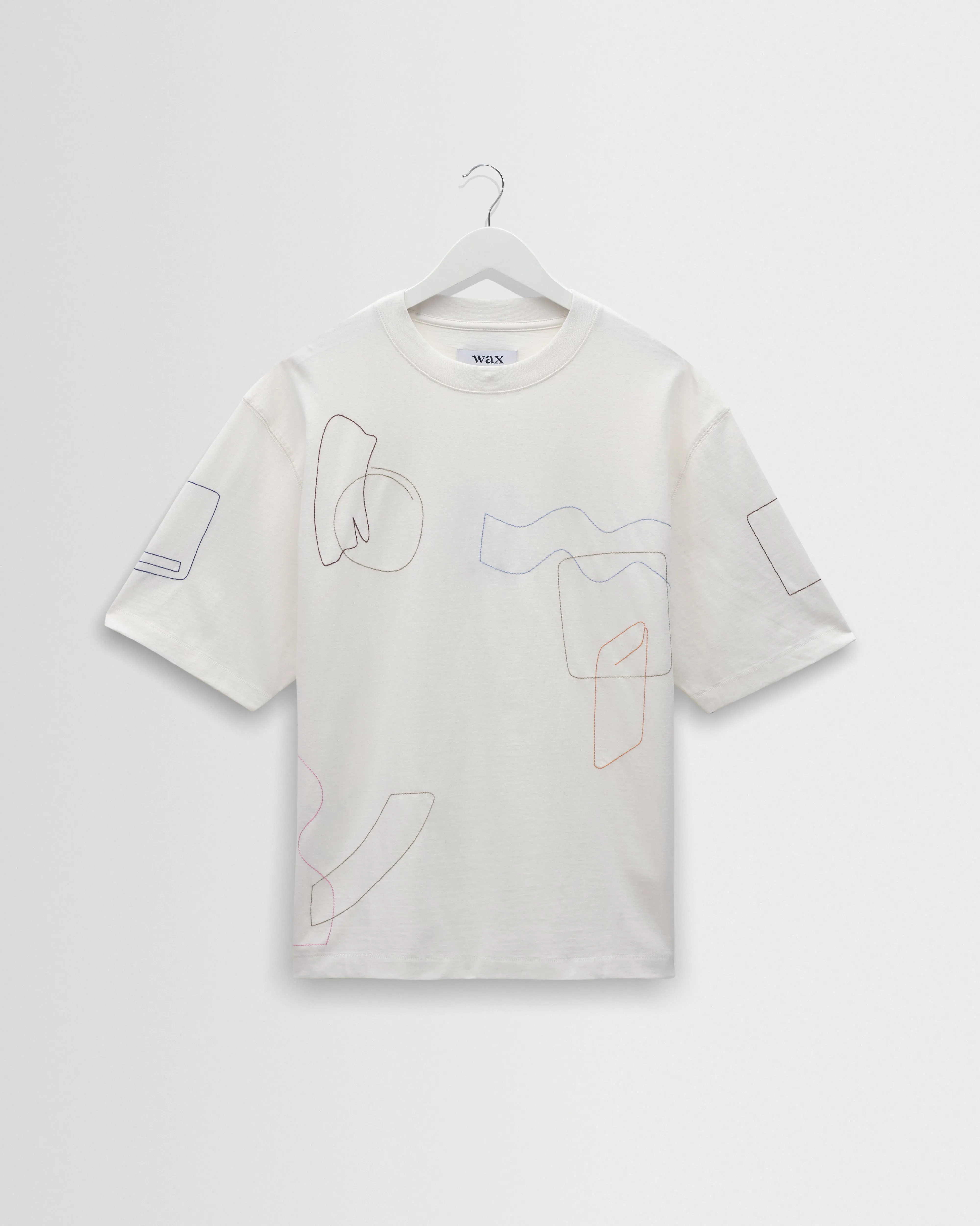 Milton - Ecru Organic Cotton Embroidered Shapes T-Shirt sold by Wax London