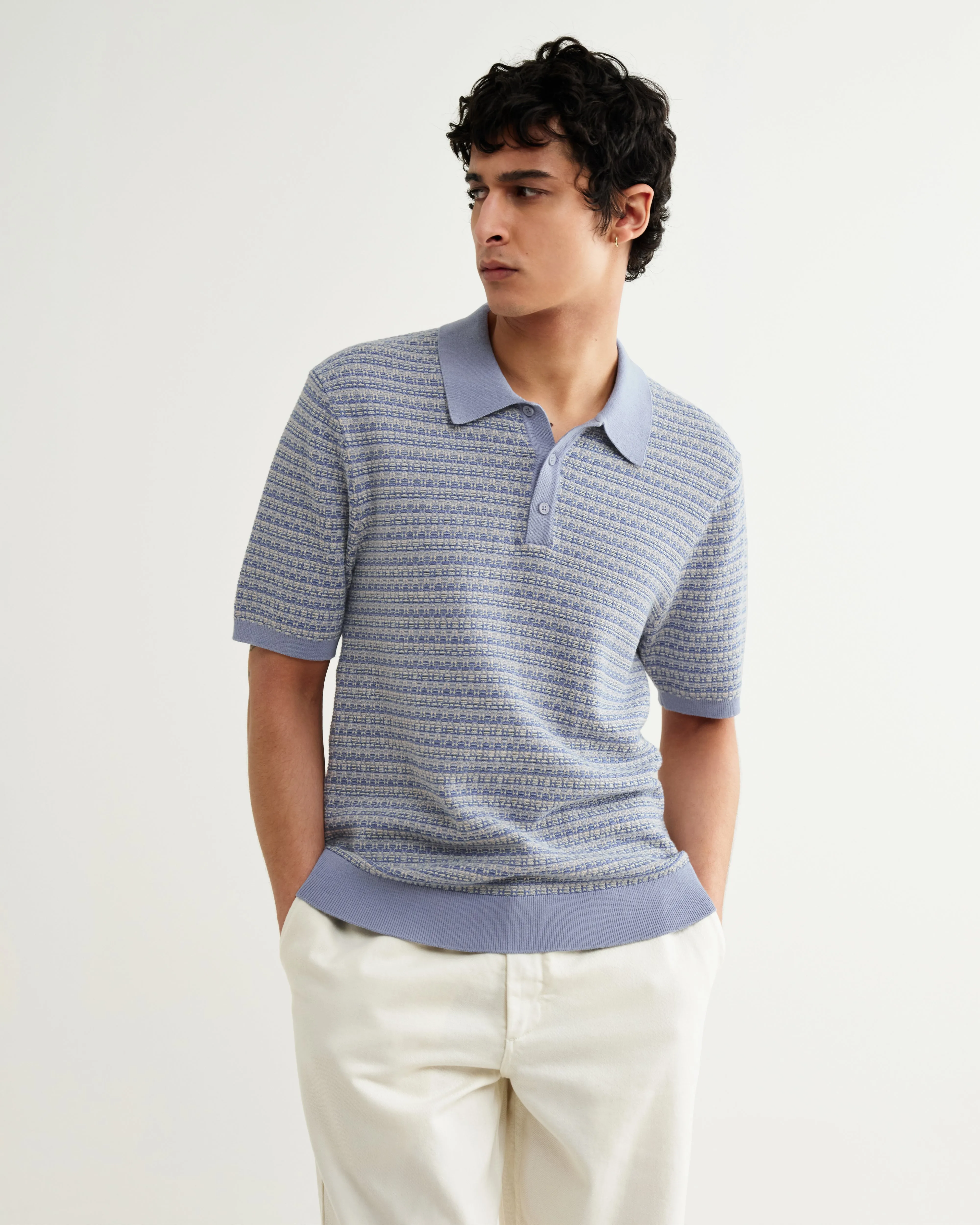 Naples - Light Blue Mini Geometric Knitted Polo sold by Wax London product image thumbnail 2