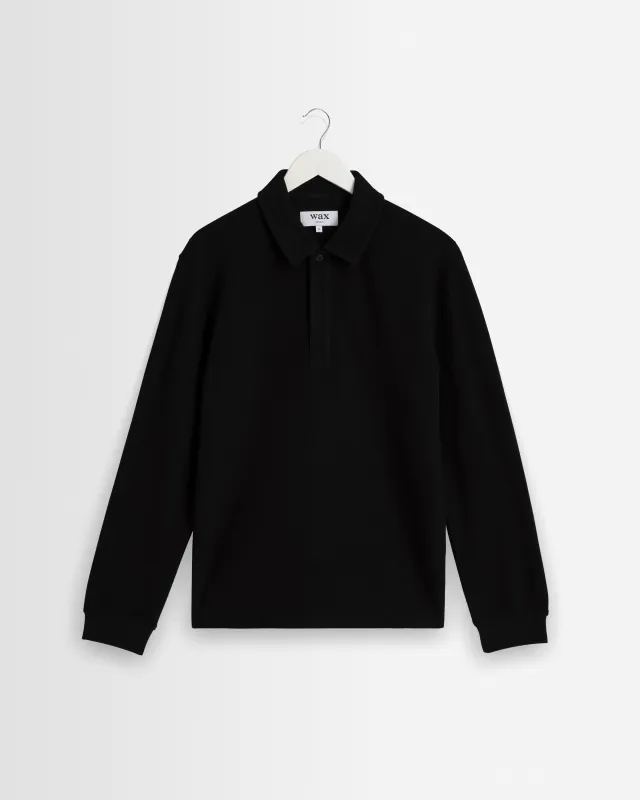 Shore - Black Textured Long-Sleeve Polo Shirt made by Wax London
