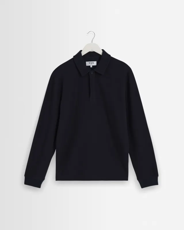 Shore - Navy Textured Long-Sleeve Polo Shirt made by Wax London