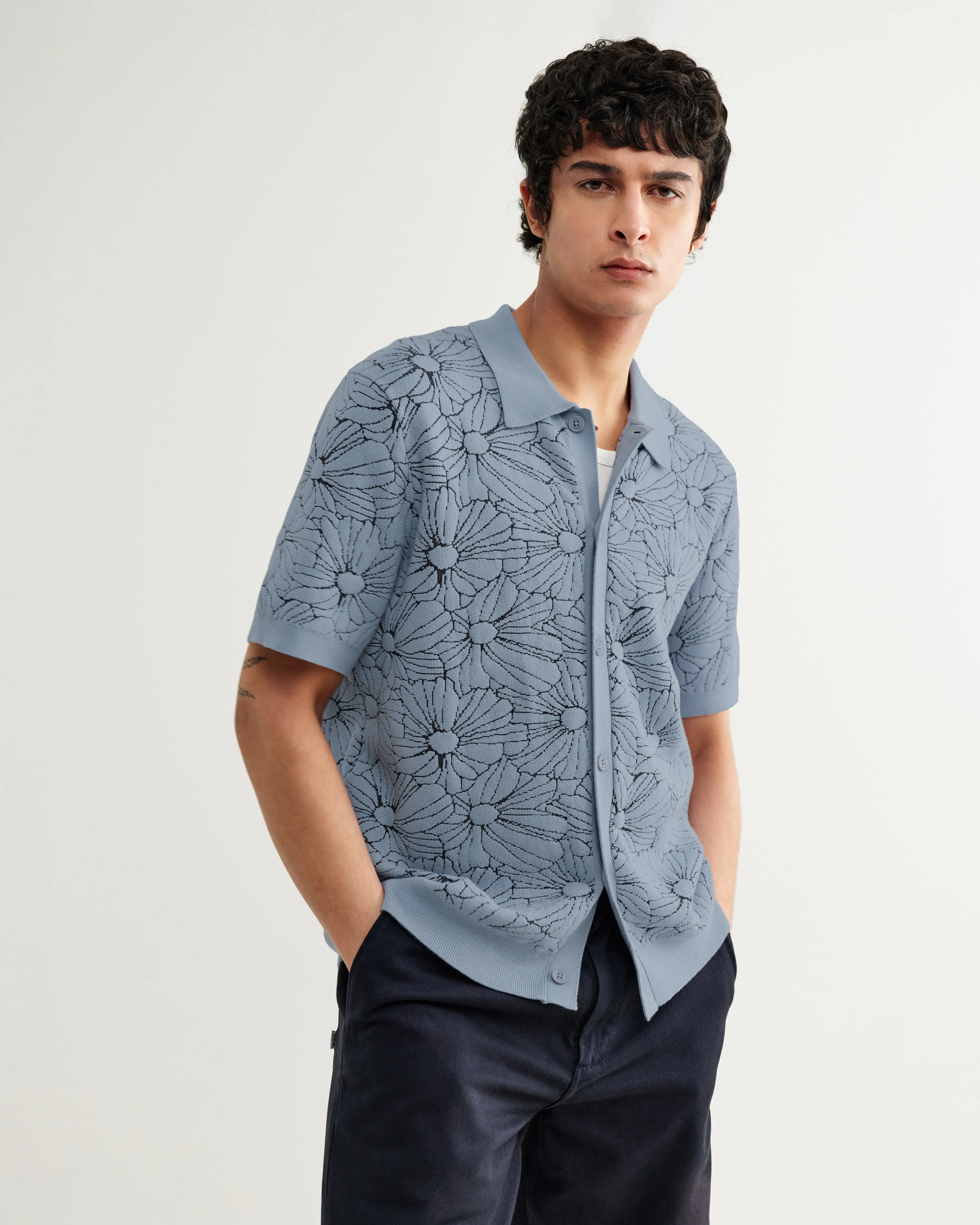 Tellaro - Light Blue Flower Jacquard Shirt sold by Wax London product image thumbnail 3