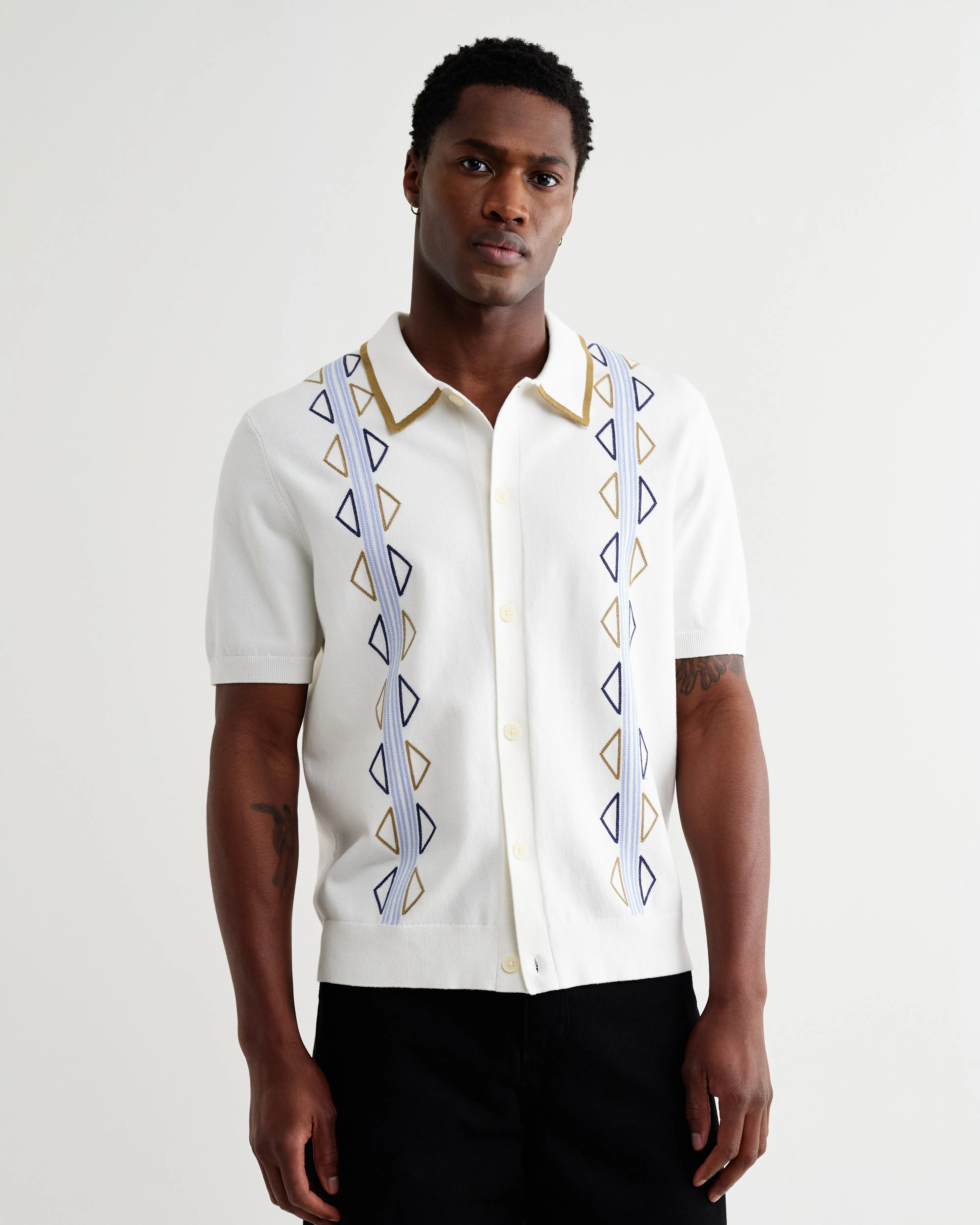 Tellaro - Ecru And Blue Retro Embroidered Shirt sold by Wax London product image thumbnail 4