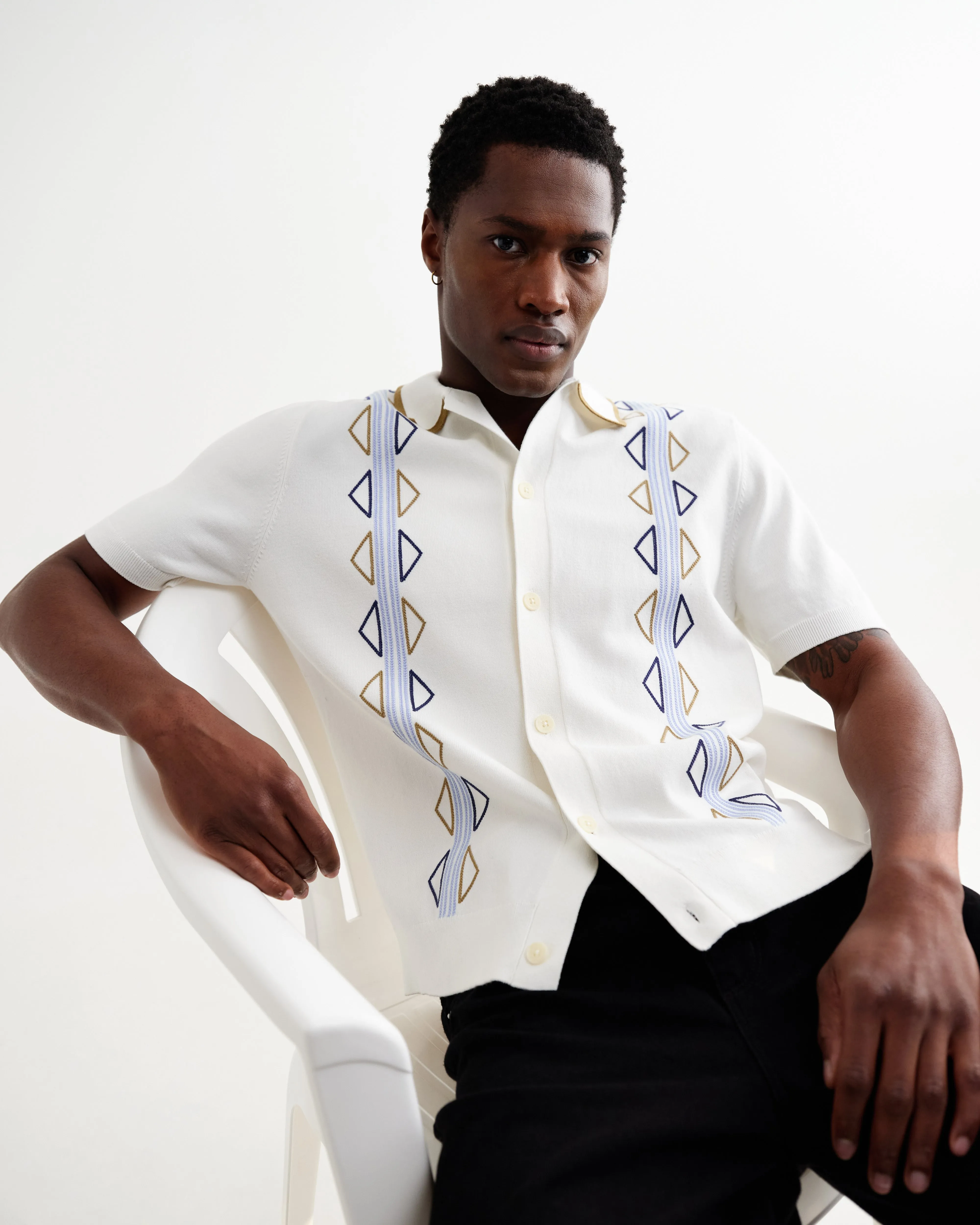Tellaro - Ecru And Blue Retro Embroidered Shirt sold by Wax London product image thumbnail 3