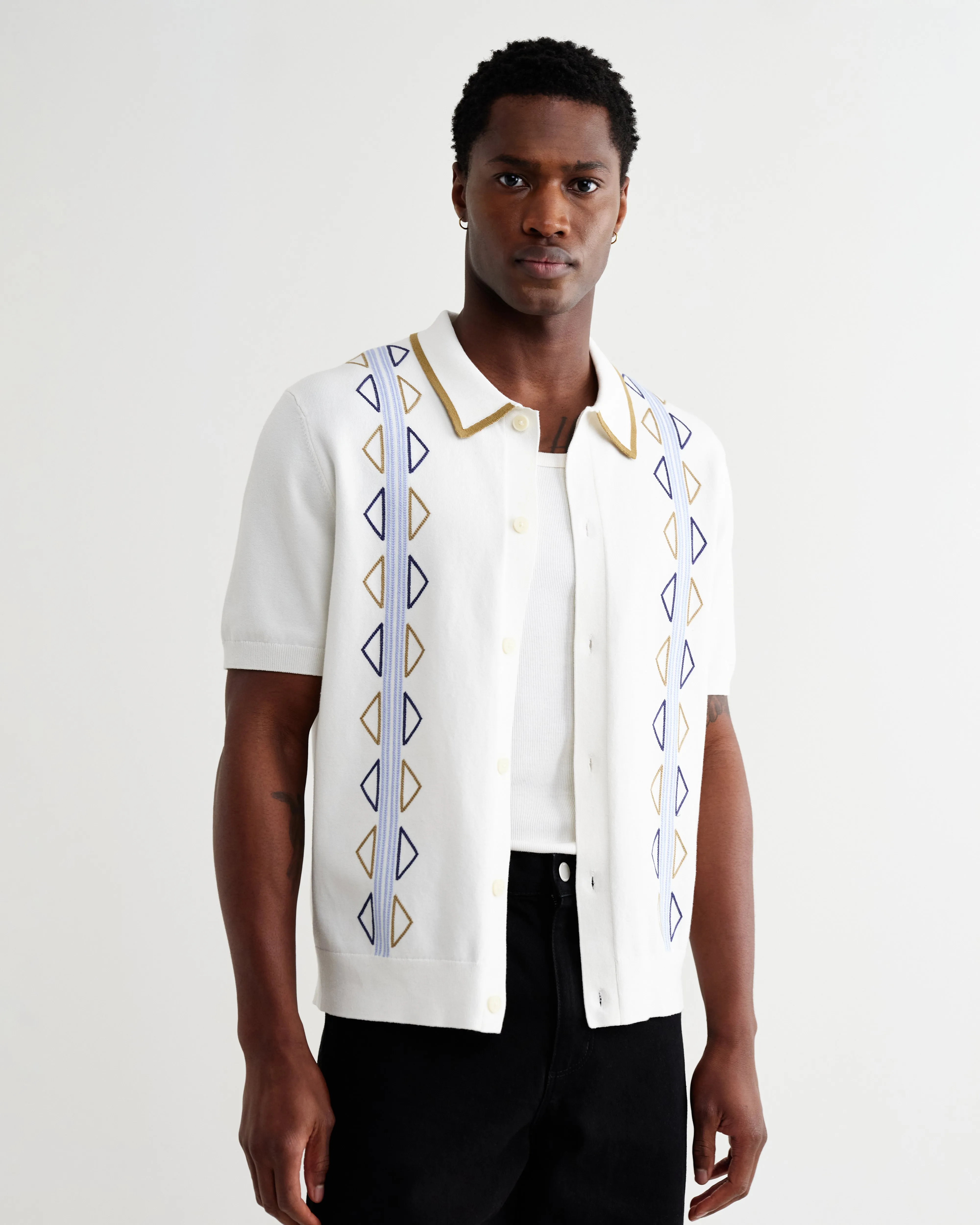 Tellaro - Ecru And Blue Retro Embroidered Shirt sold by Wax London product image thumbnail 2