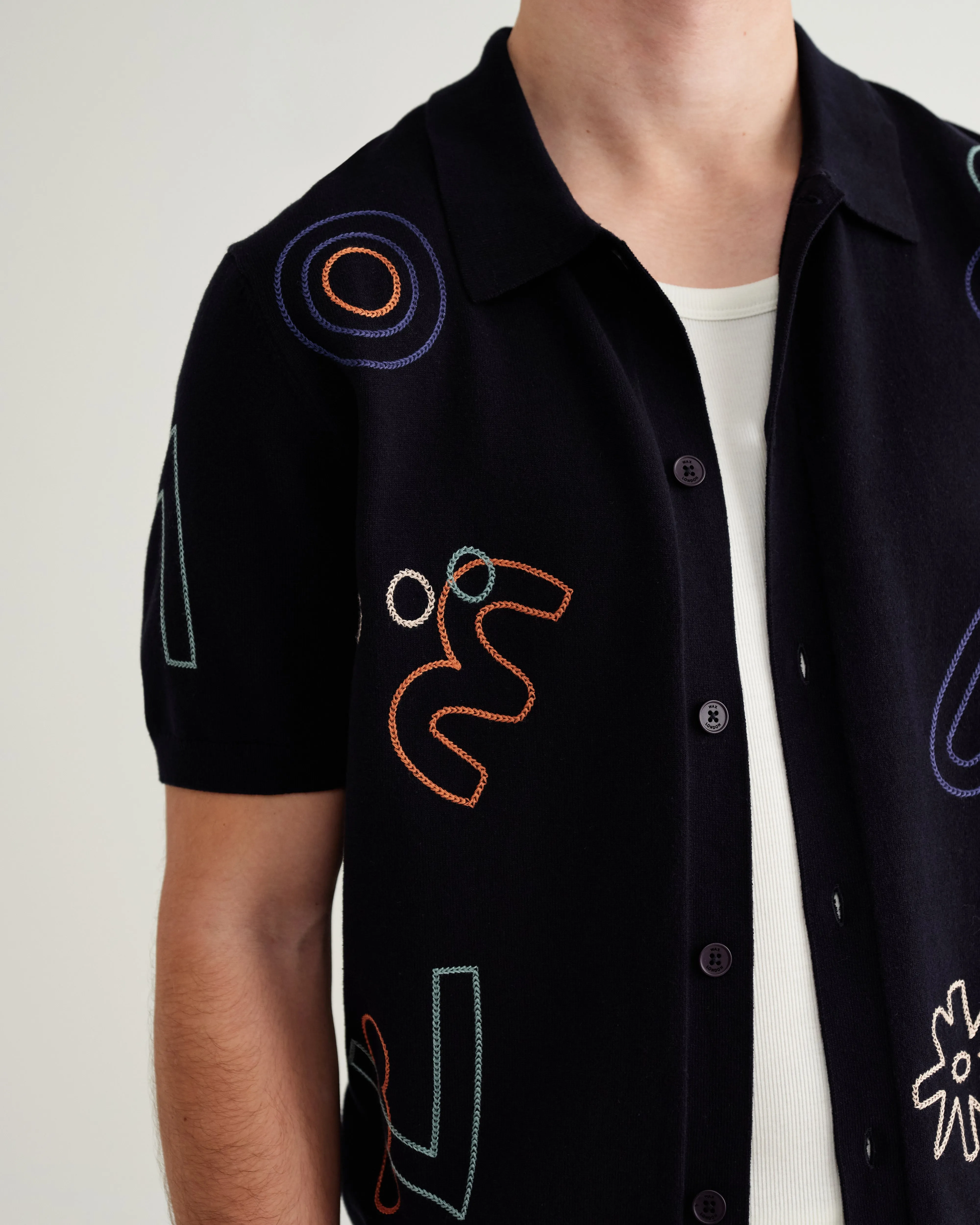Tellaro - Navy And Multicolour Shapes Embroidered Shirt sold by Wax London product image thumbnail 3