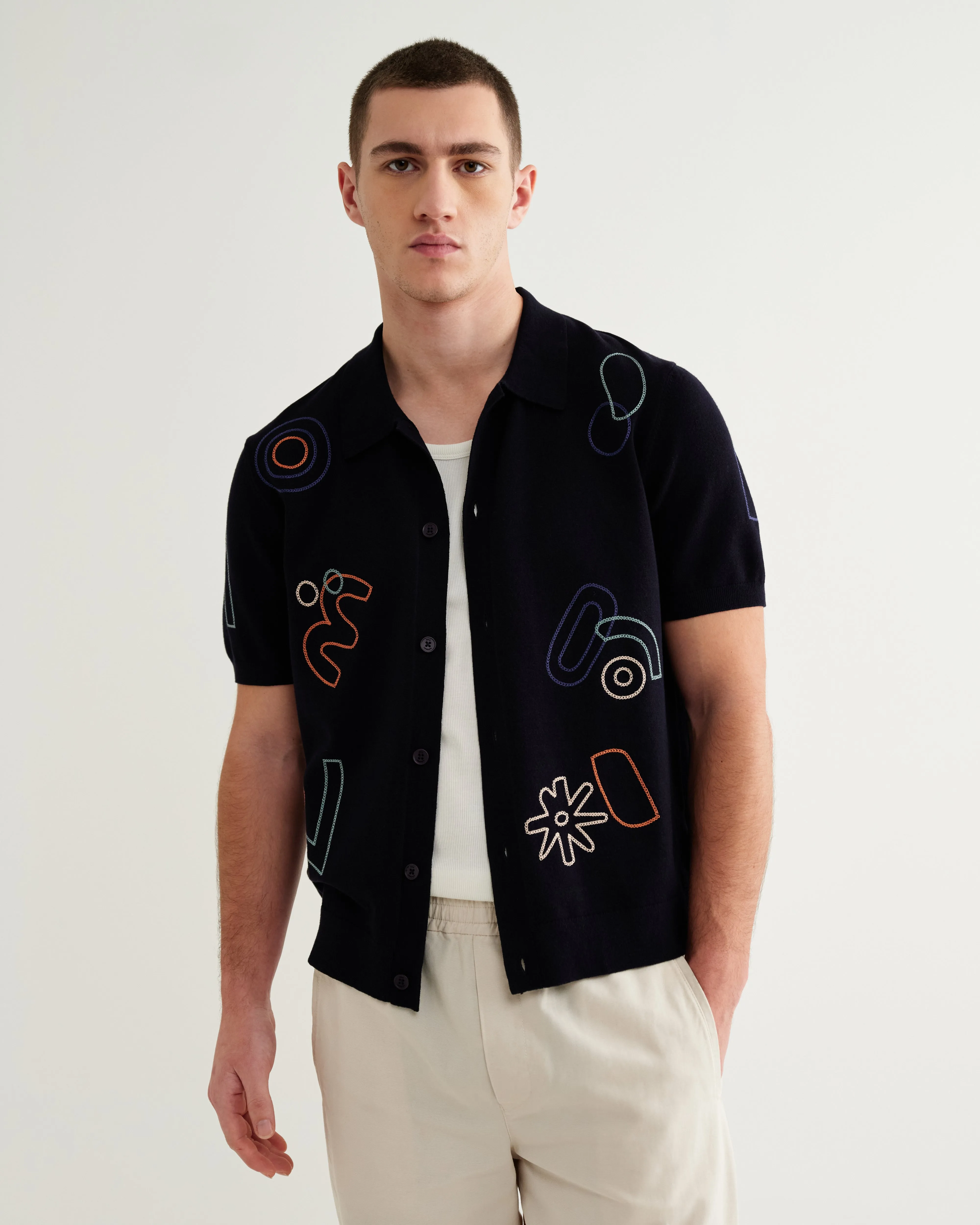 Tellaro - Navy And Multicolour Shapes Embroidered Shirt sold by Wax London product image thumbnail 2