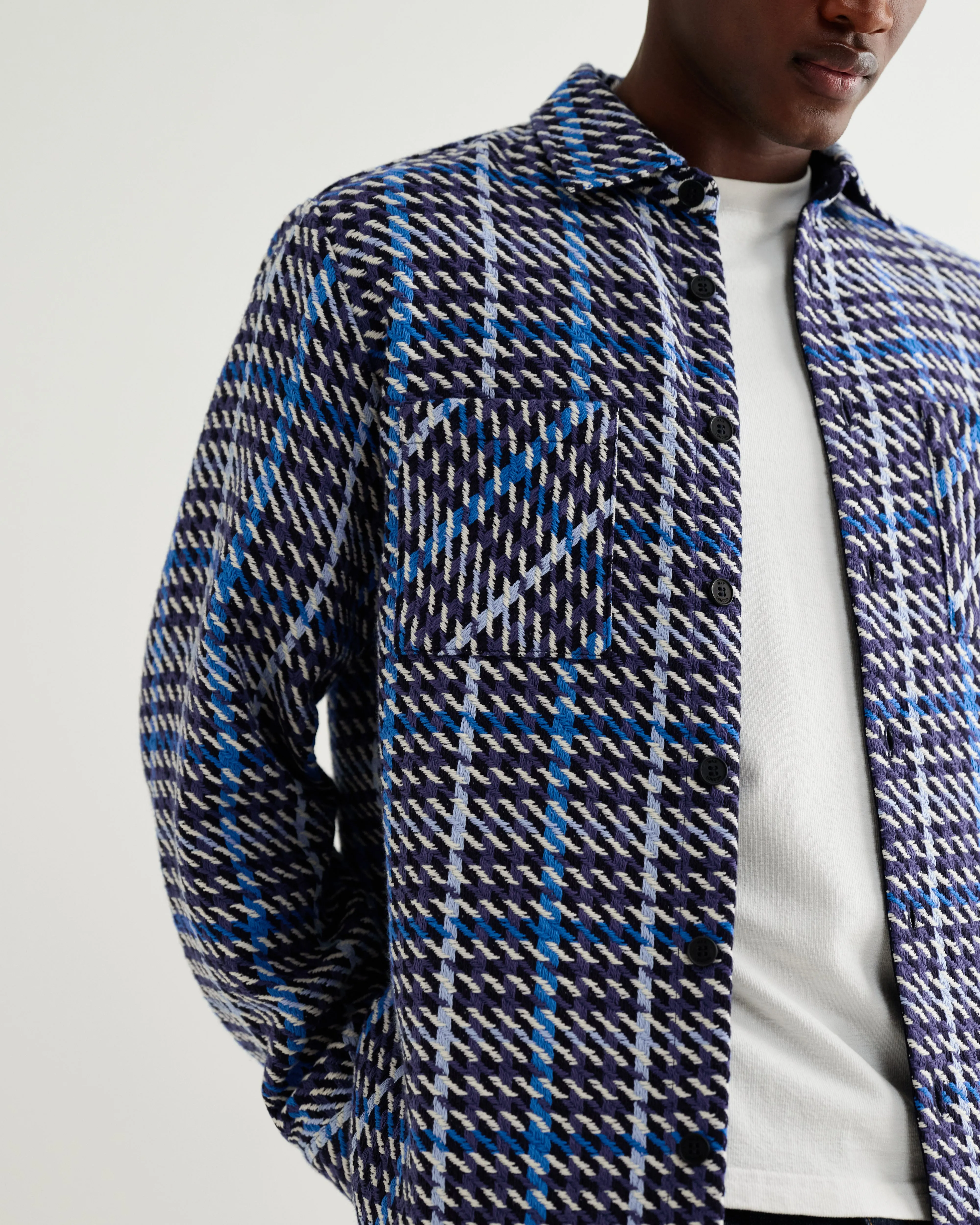 Whiting - Navy And Blue Houndstooth Weave Overshirt sold by Wax London product image thumbnail 3