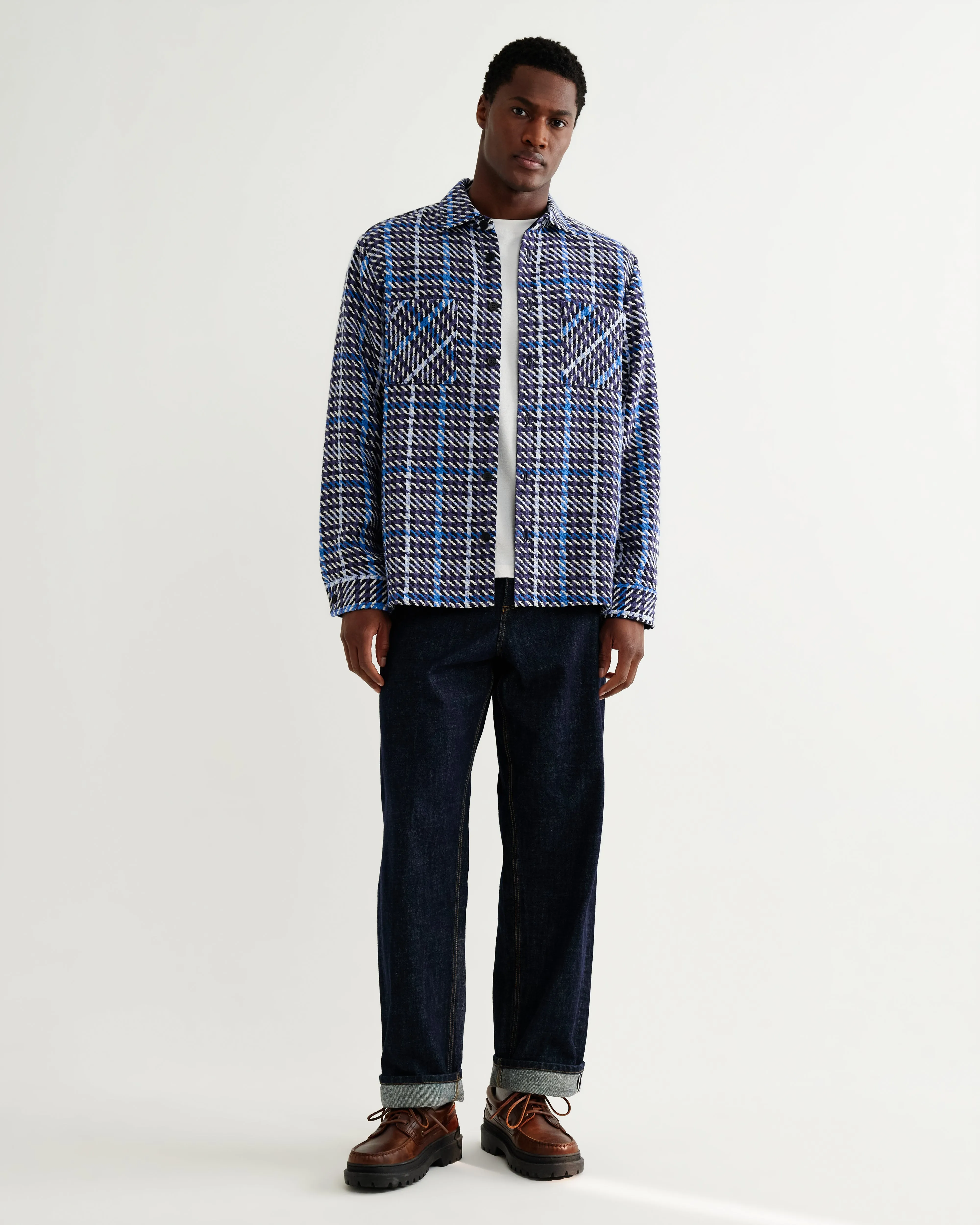 Whiting - Navy And Blue Houndstooth Weave Overshirt sold by Wax London product image thumbnail 4