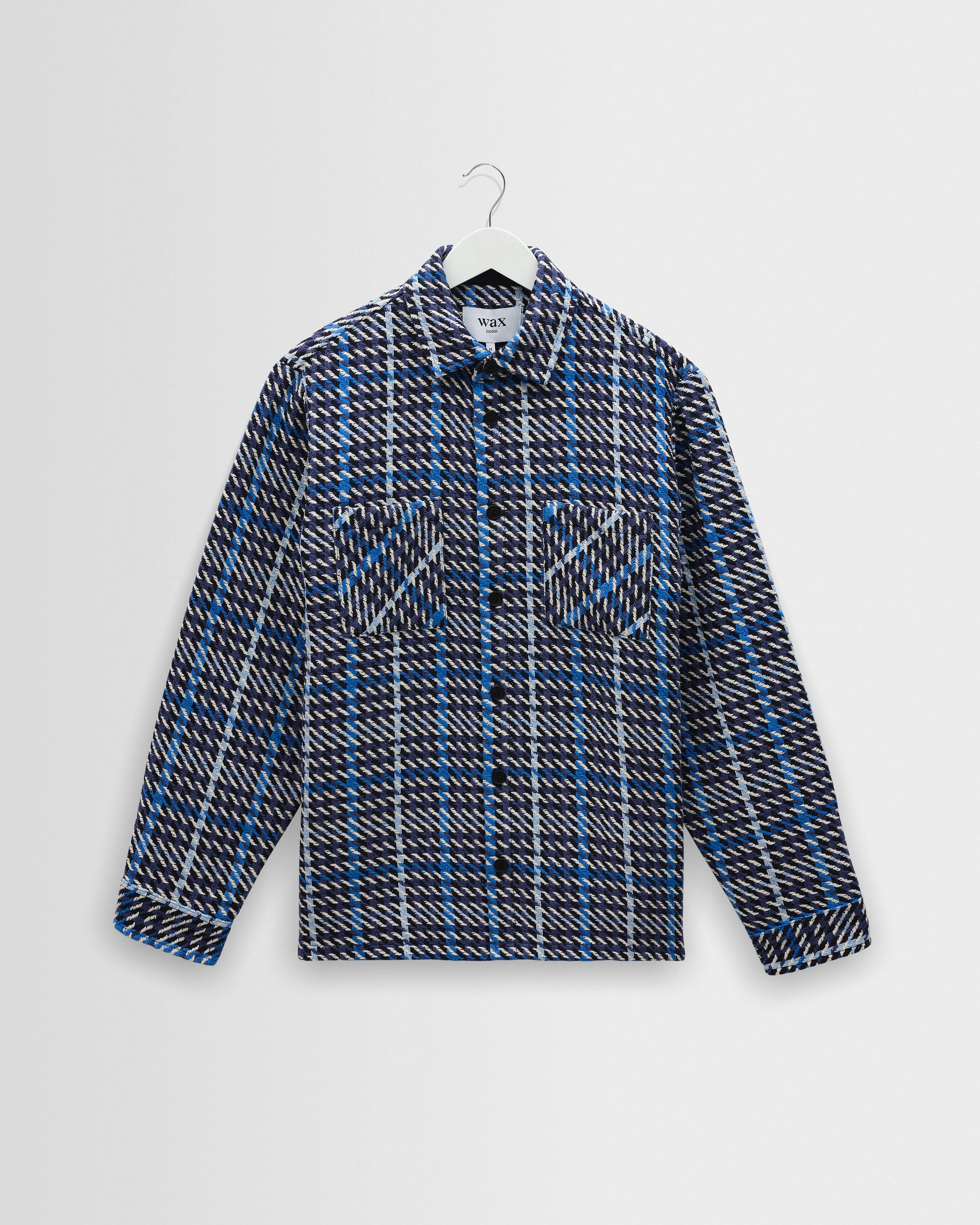 Whiting - Navy And Blue Houndstooth Weave Overshirt sold by Wax London