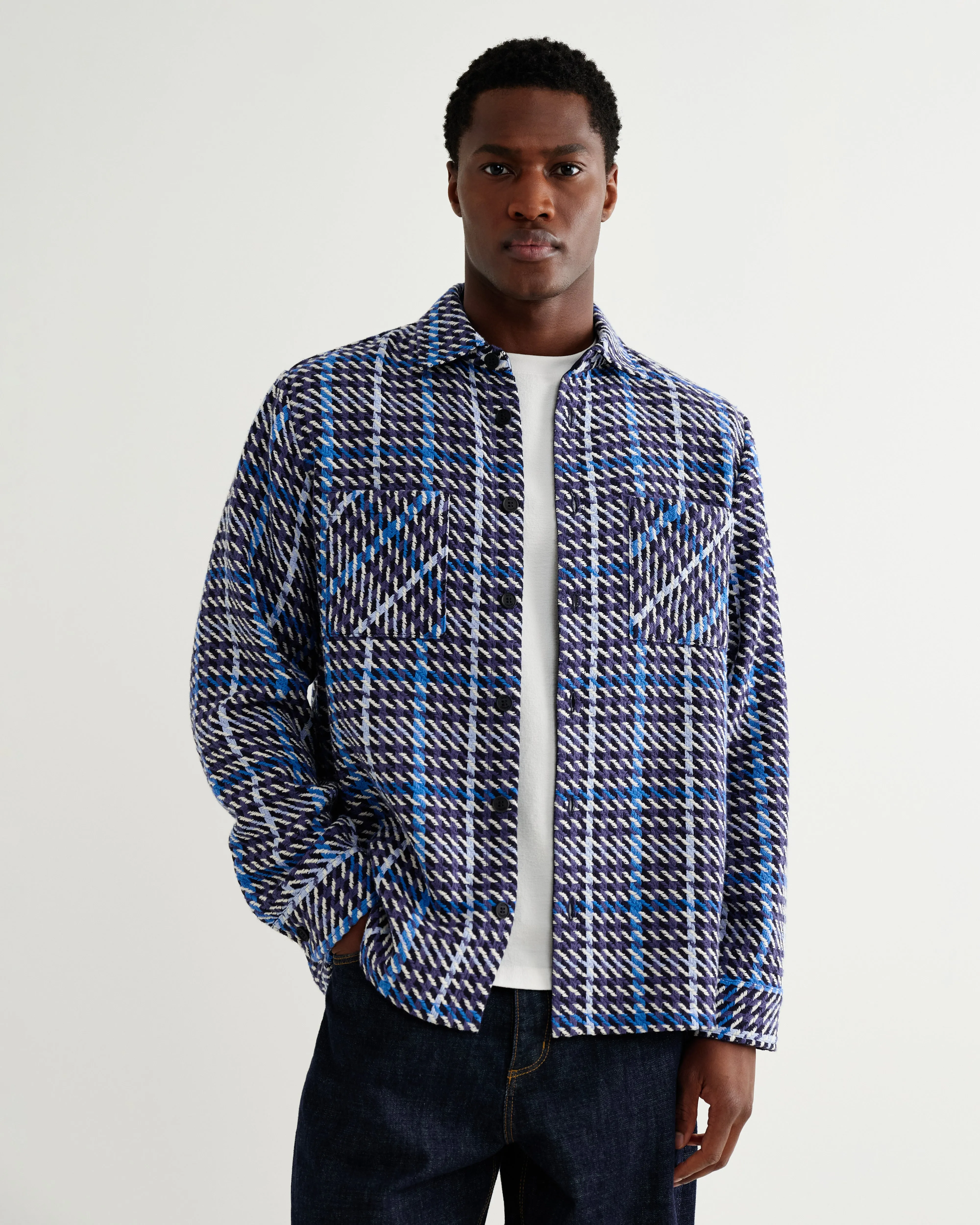 Whiting - Navy And Blue Houndstooth Weave Overshirt sold by Wax London product image thumbnail 2