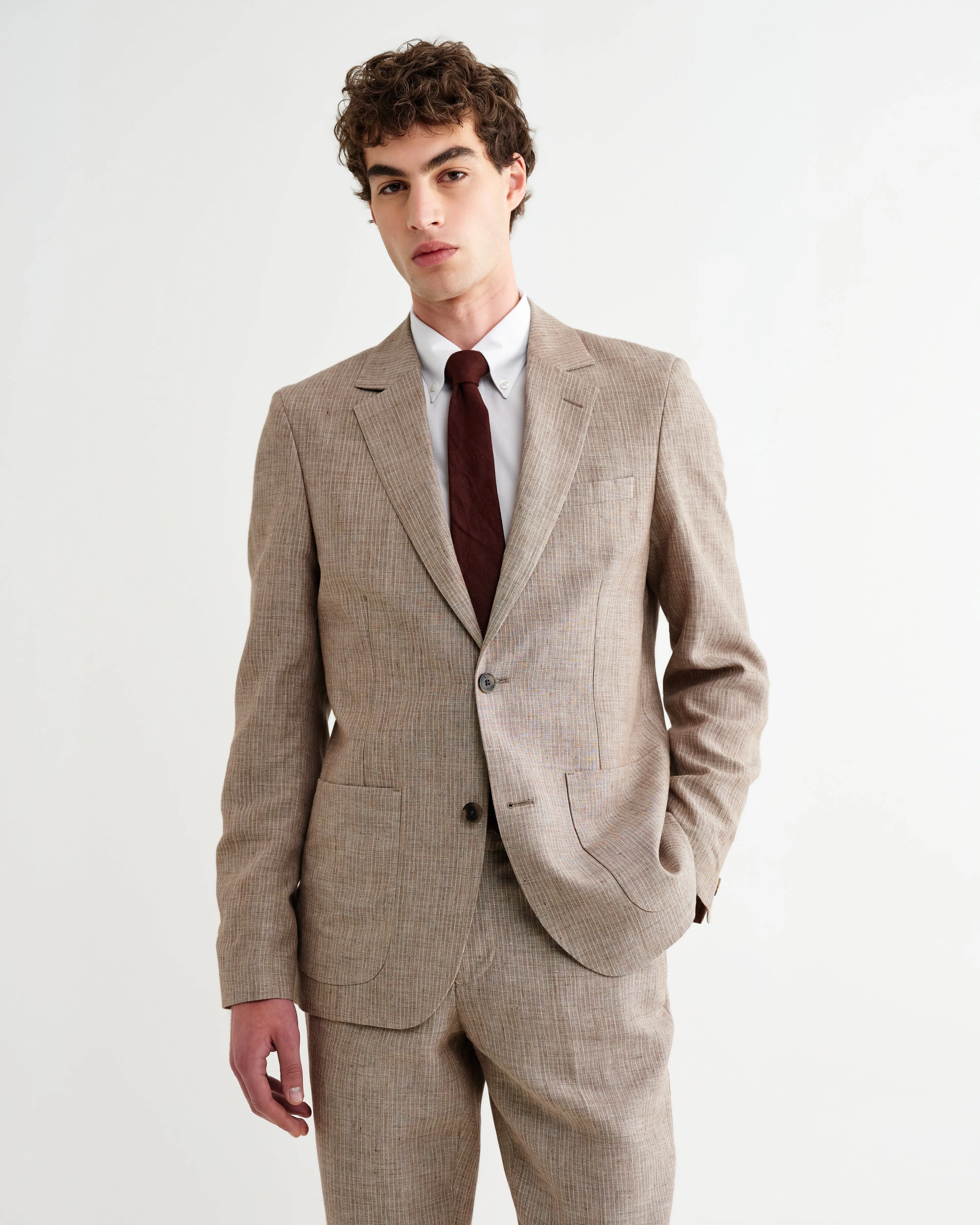Fintry - Natural And Brown Stripe Linen Single-Breasted Blazer sold by Wax London product image thumbnail 2
