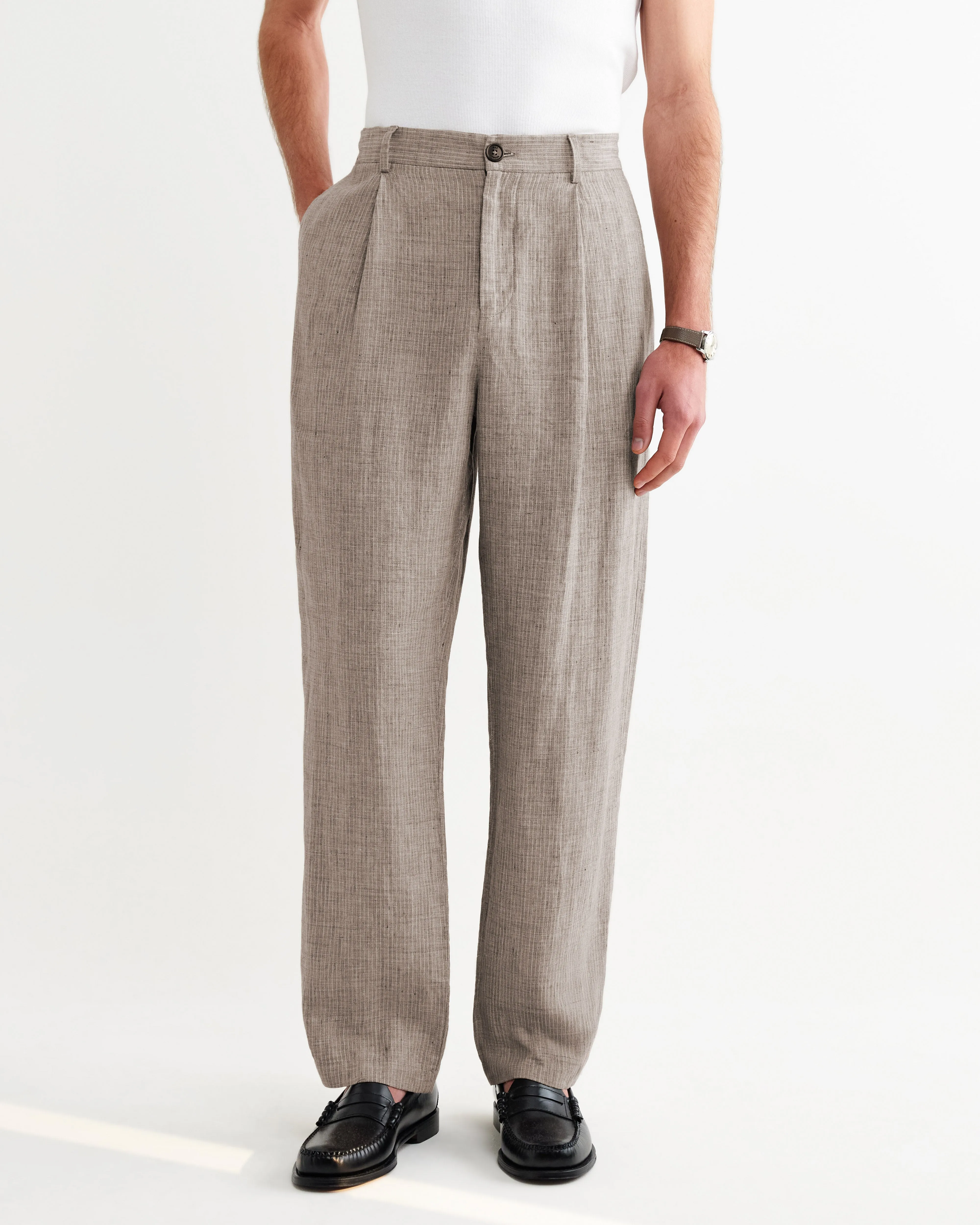 Malham - Natural And Brown Stripe Linen Wide Fit Trousers sold by Wax London product image thumbnail 4