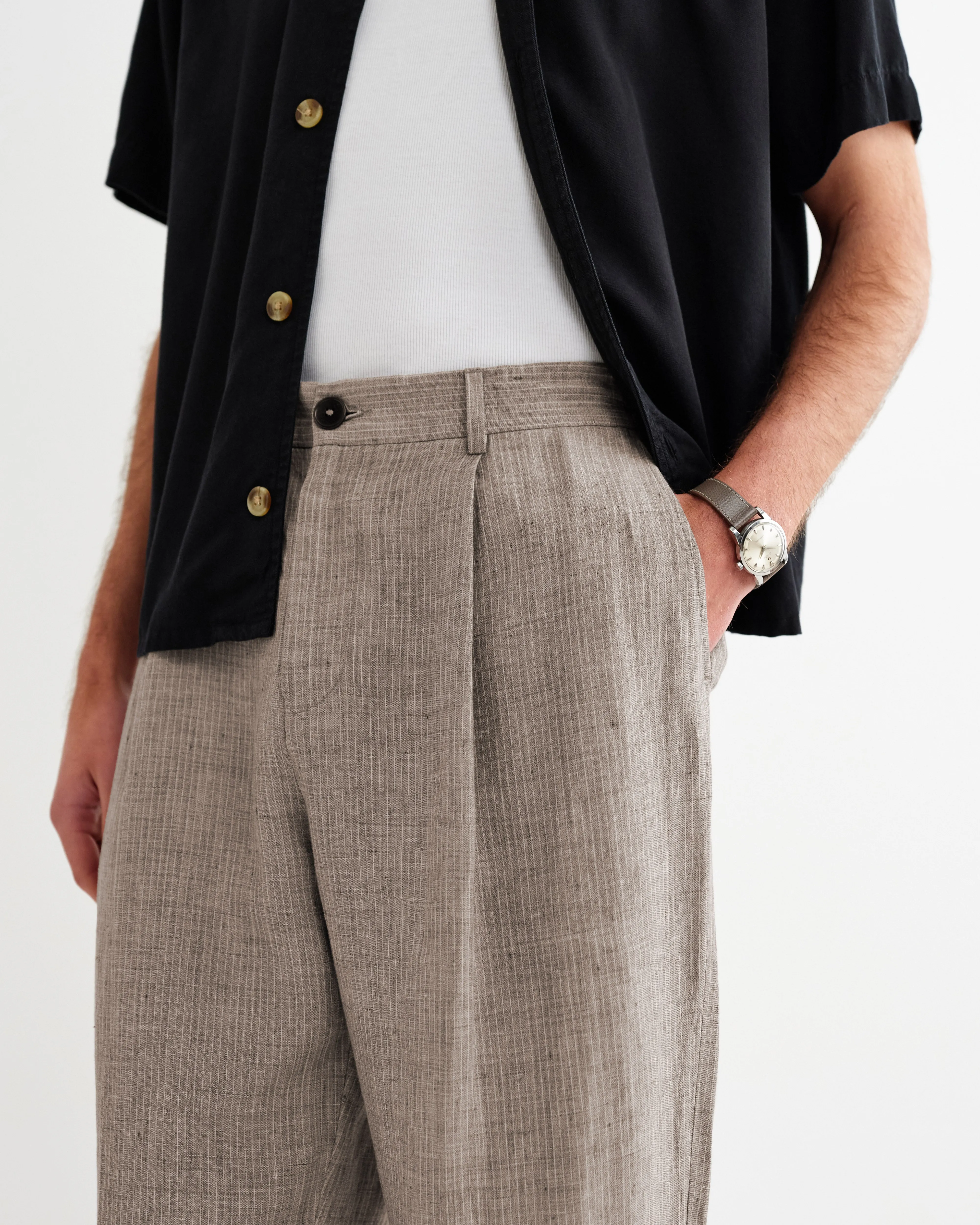 Malham - Natural And Brown Stripe Linen Wide Fit Trousers sold by Wax London product image thumbnail 5