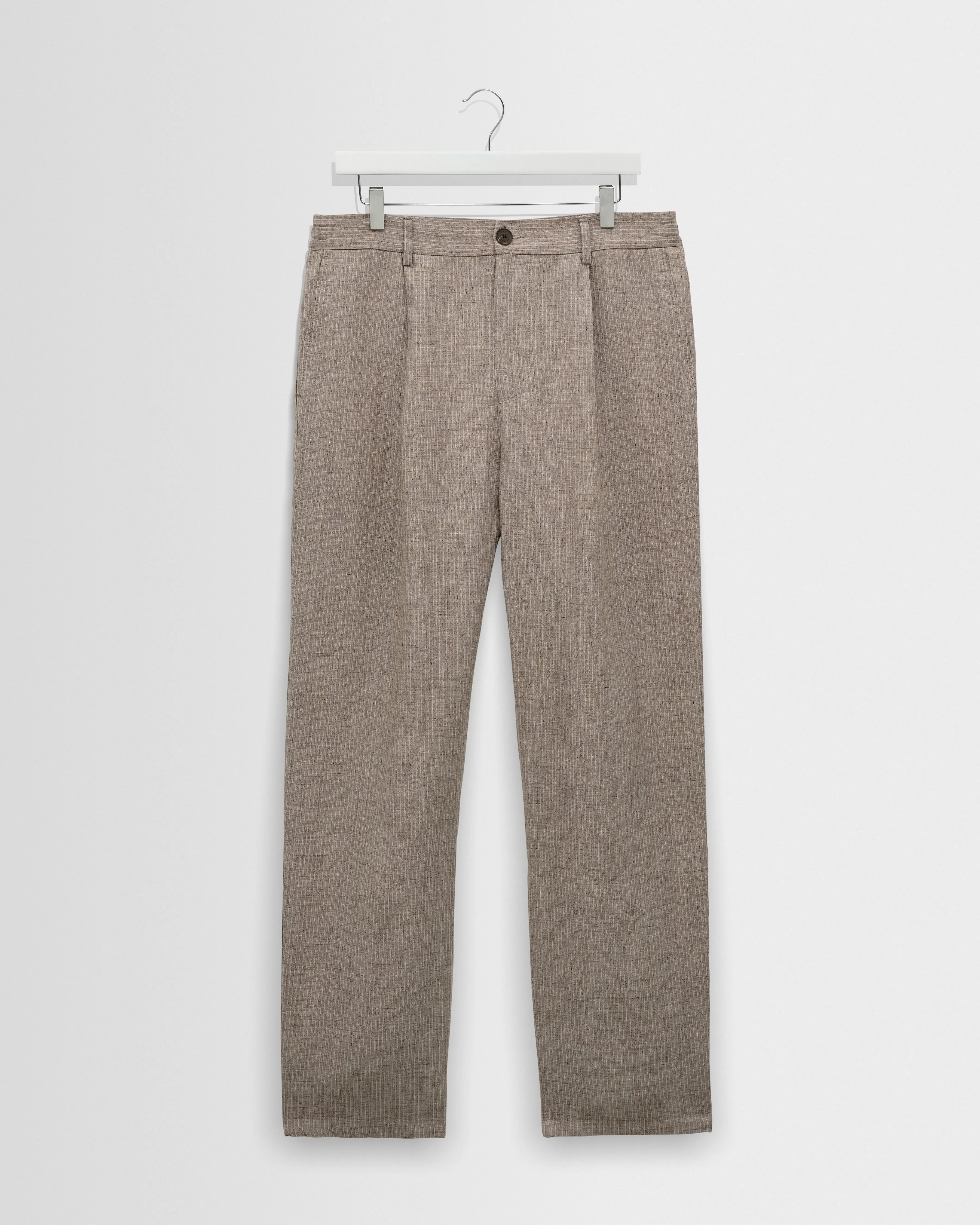 Malham - Natural And Brown Stripe Linen Wide Fit Trousers sold by Wax London