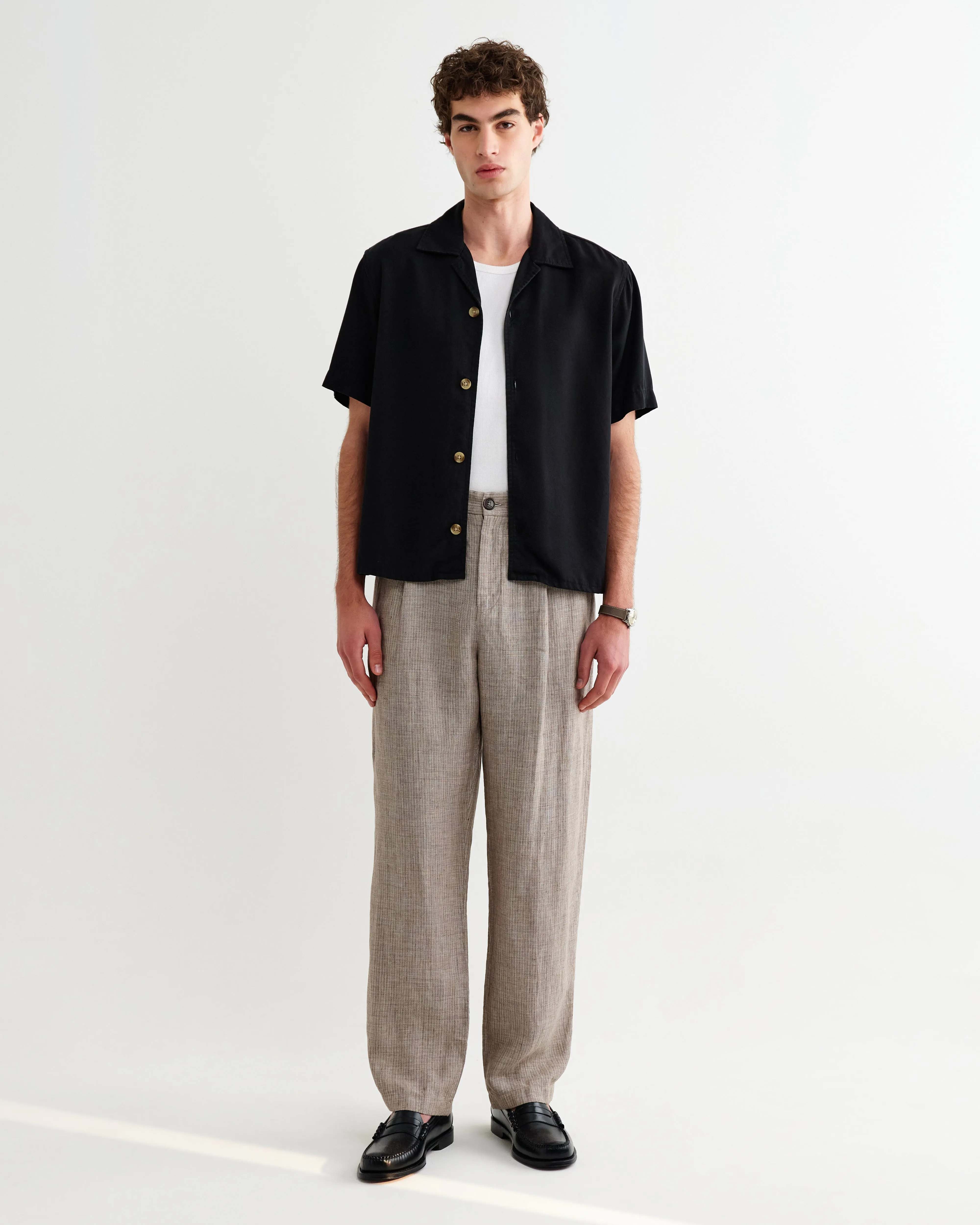 Malham - Natural And Brown Stripe Linen Wide Fit Trousers sold by Wax London product image thumbnail 3