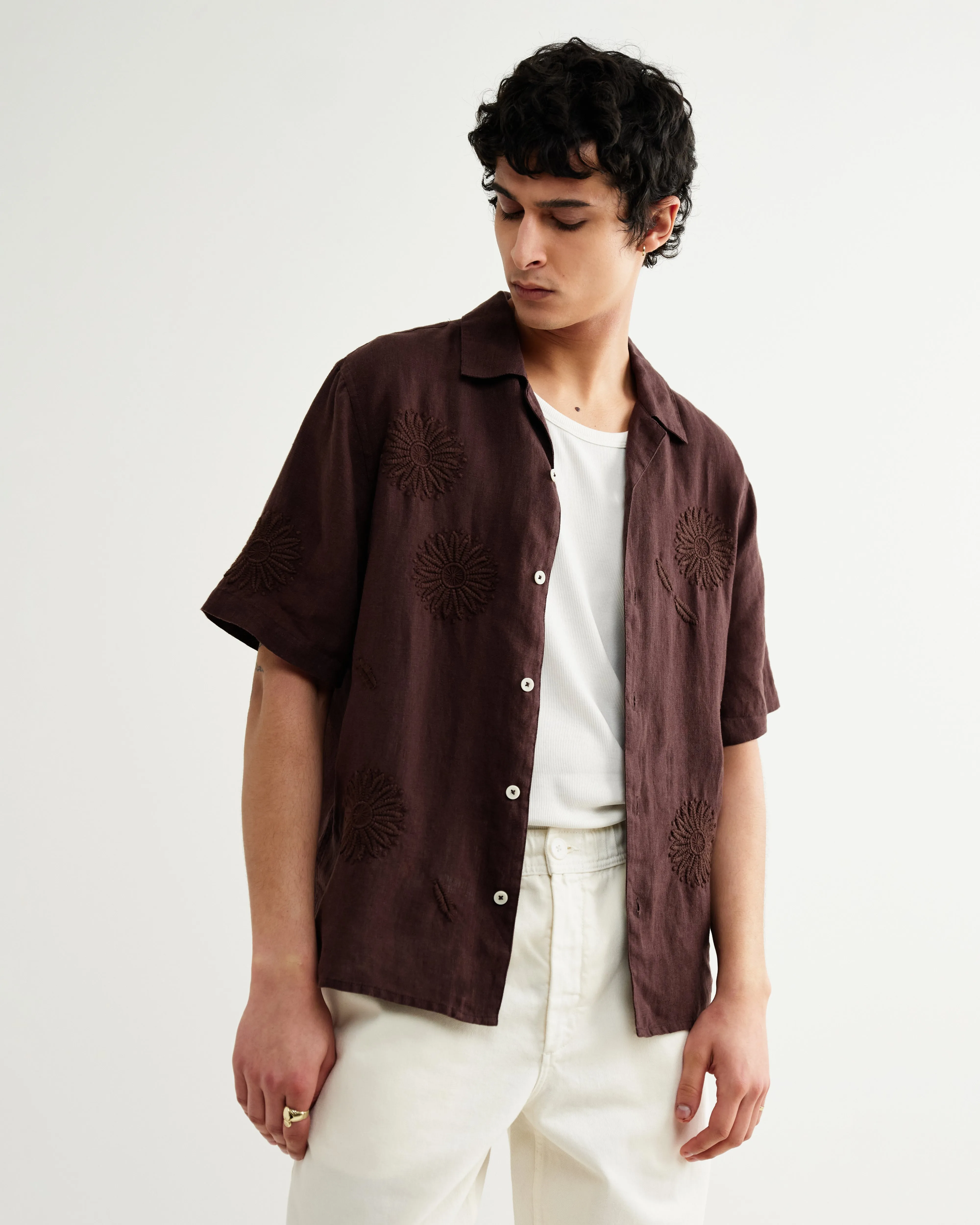 Didcot - Brown Flower Embroidered Short-Sleeve Shirt sold by Wax London product image thumbnail 2