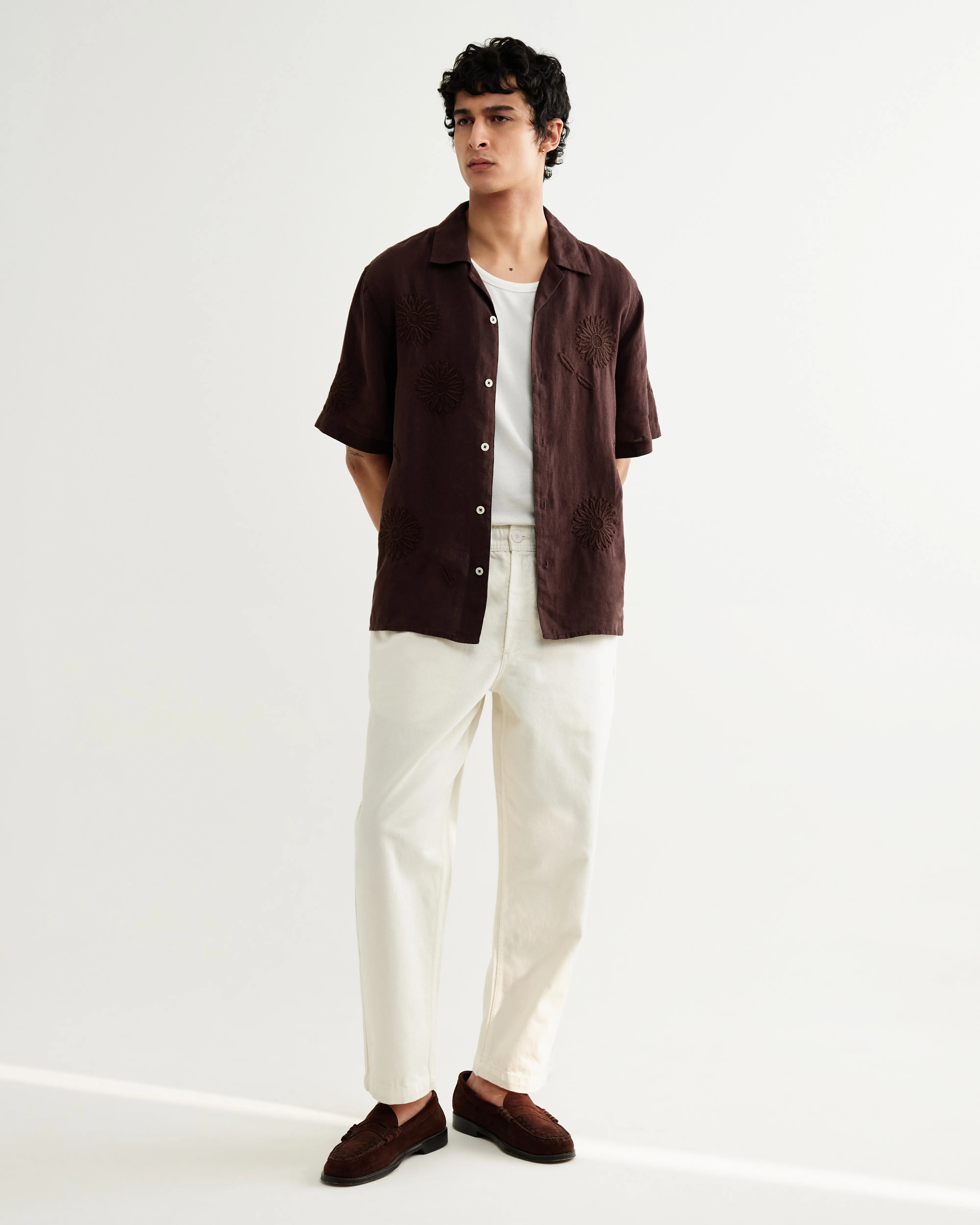 Didcot - Brown Flower Embroidered Short-Sleeve Shirt sold by Wax London product image thumbnail 5