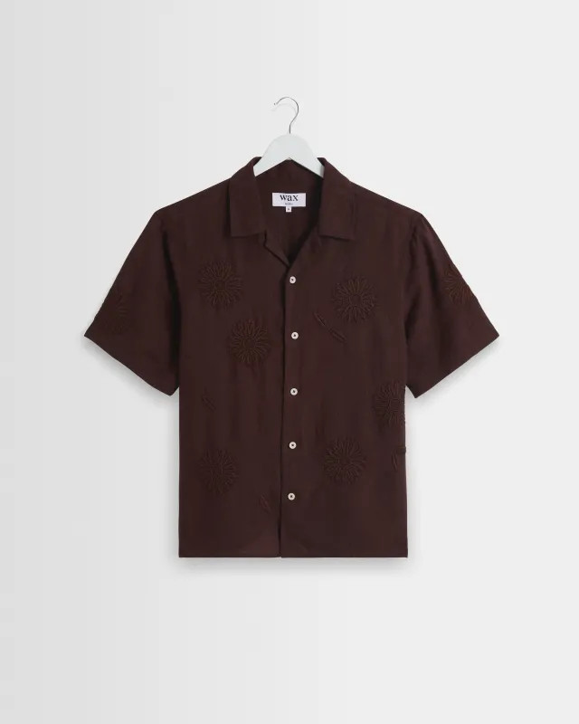 Didcot - Brown Flower Embroidered Short-Sleeve Shirt sold by Wax London