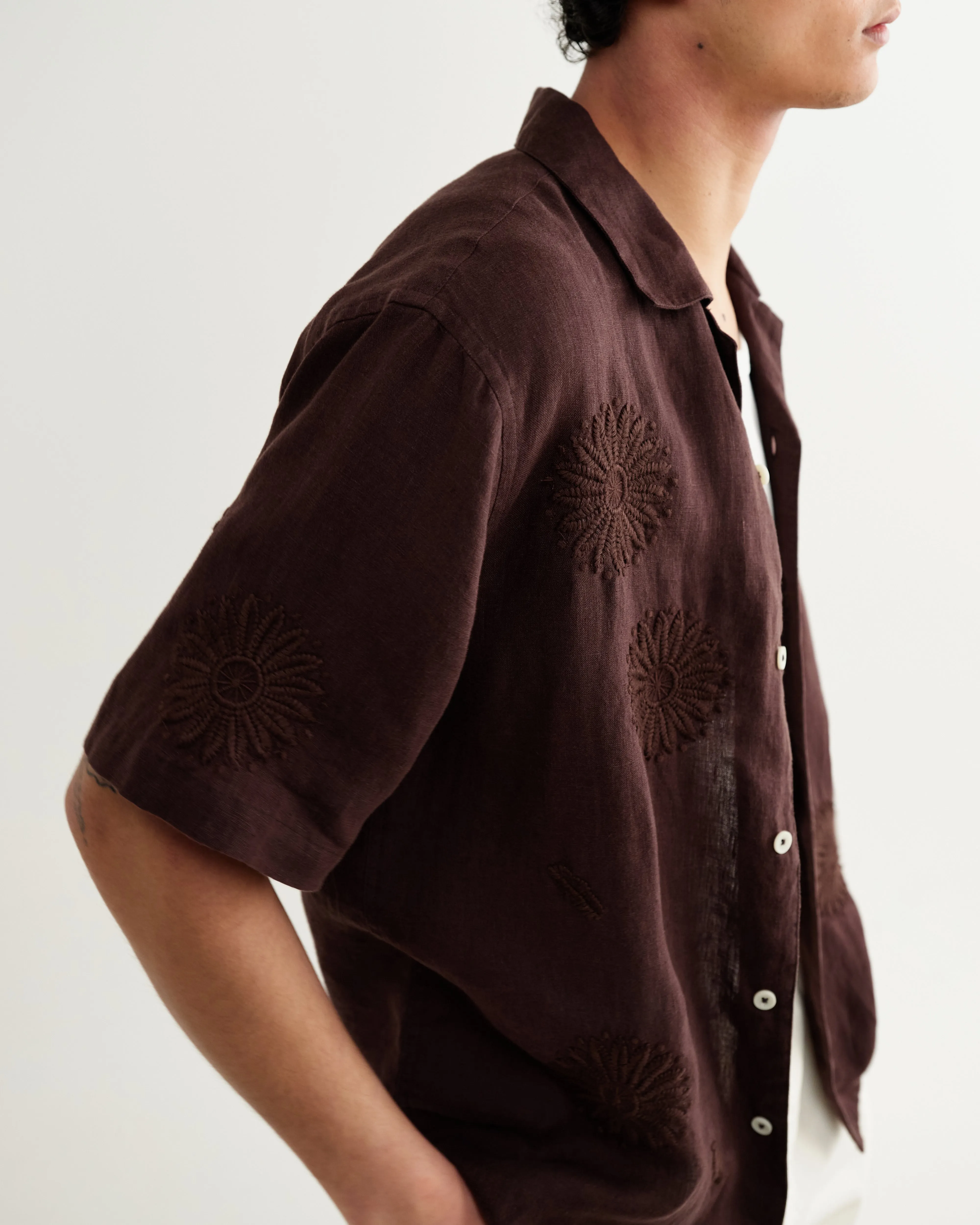 Didcot - Brown Flower Embroidered Short-Sleeve Shirt sold by Wax London product image thumbnail 3