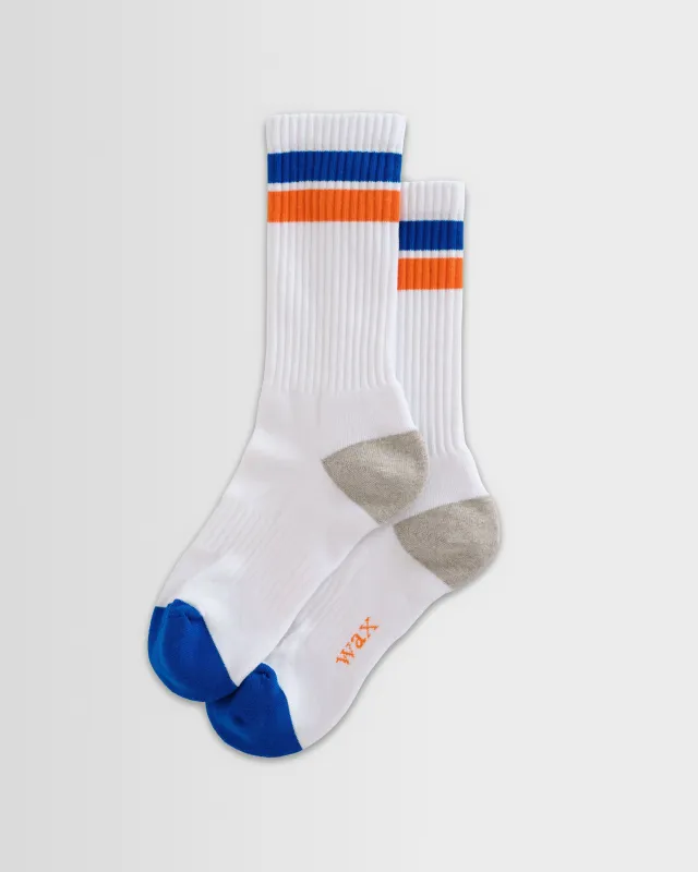 Thorpe - White And Blue Block Stripe Sports Socks made by Wax London