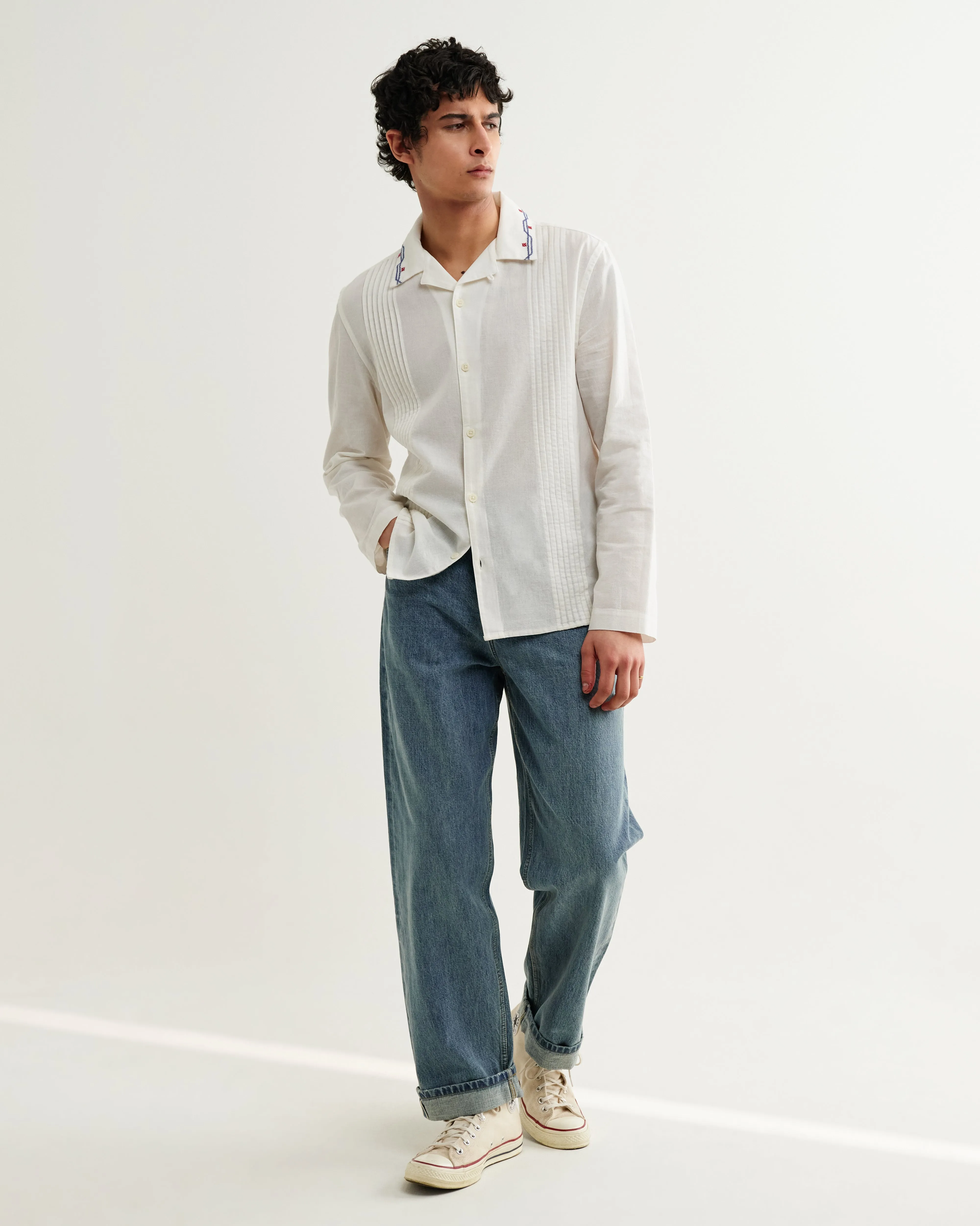Corey - Ecru Pintuck Border Cotton-Linen Shirt sold by Wax London product image thumbnail 4