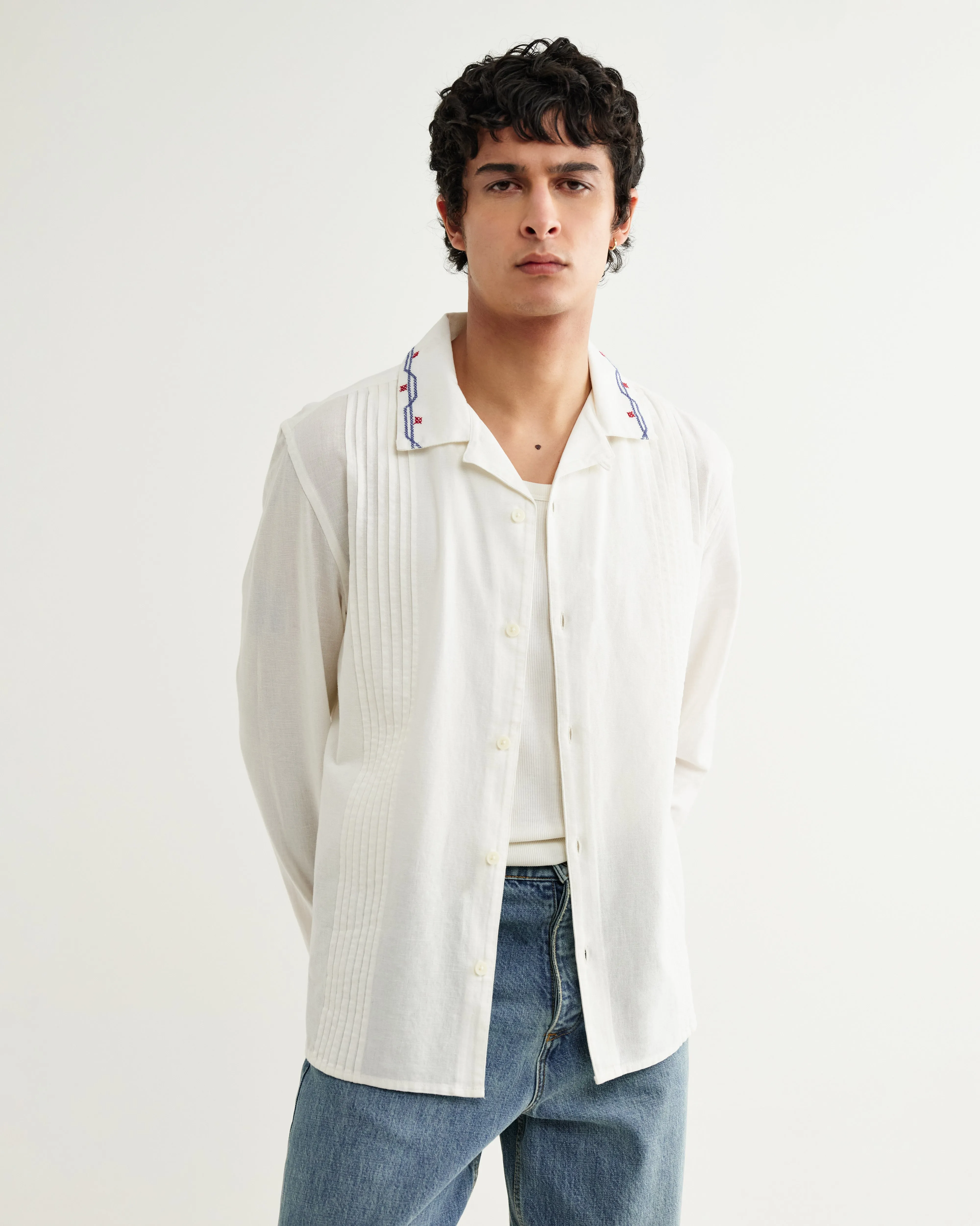 Corey - Ecru Pintuck Border Cotton-Linen Shirt sold by Wax London product image thumbnail 2