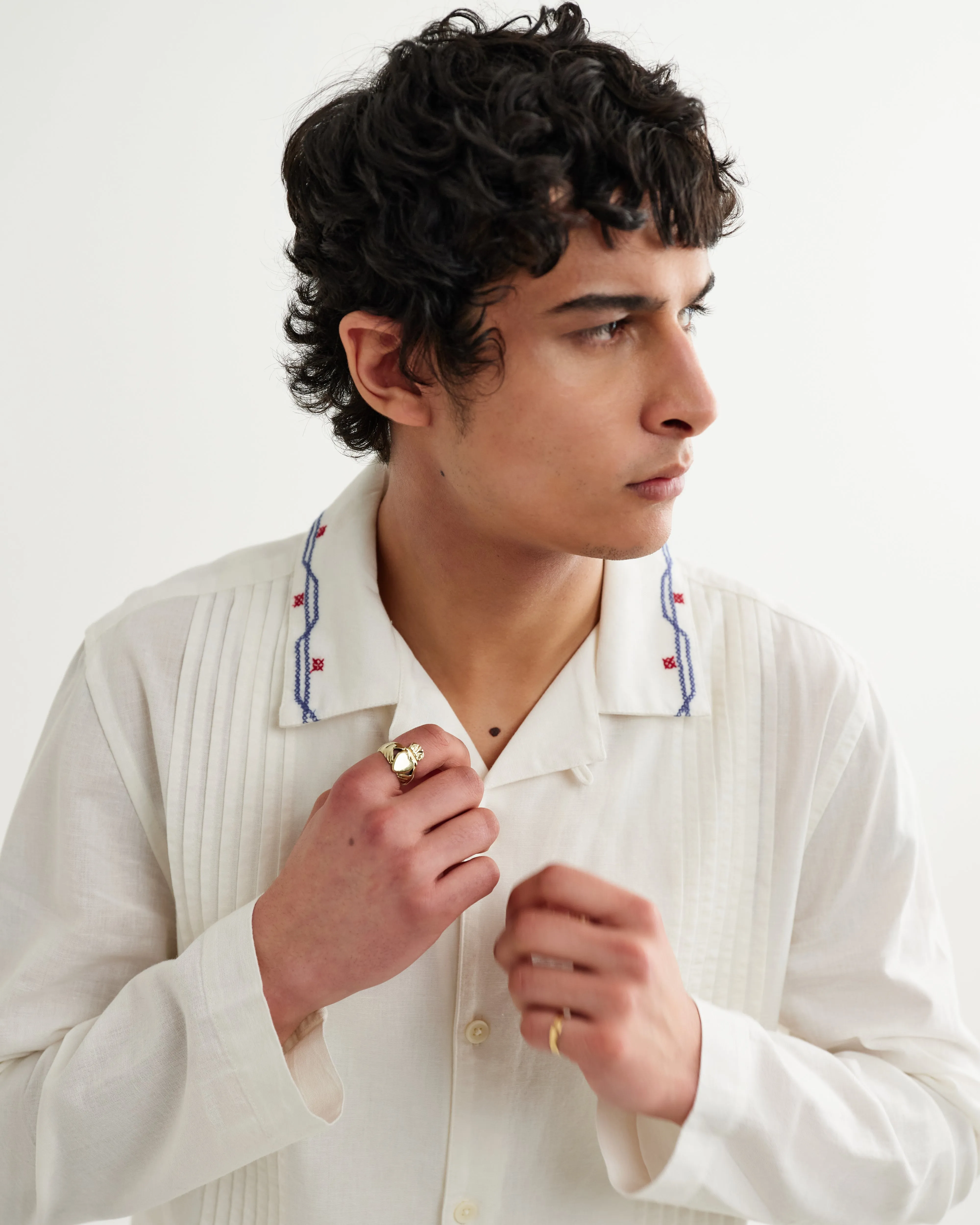 Corey - Ecru Pintuck Border Cotton-Linen Shirt sold by Wax London product image thumbnail 3