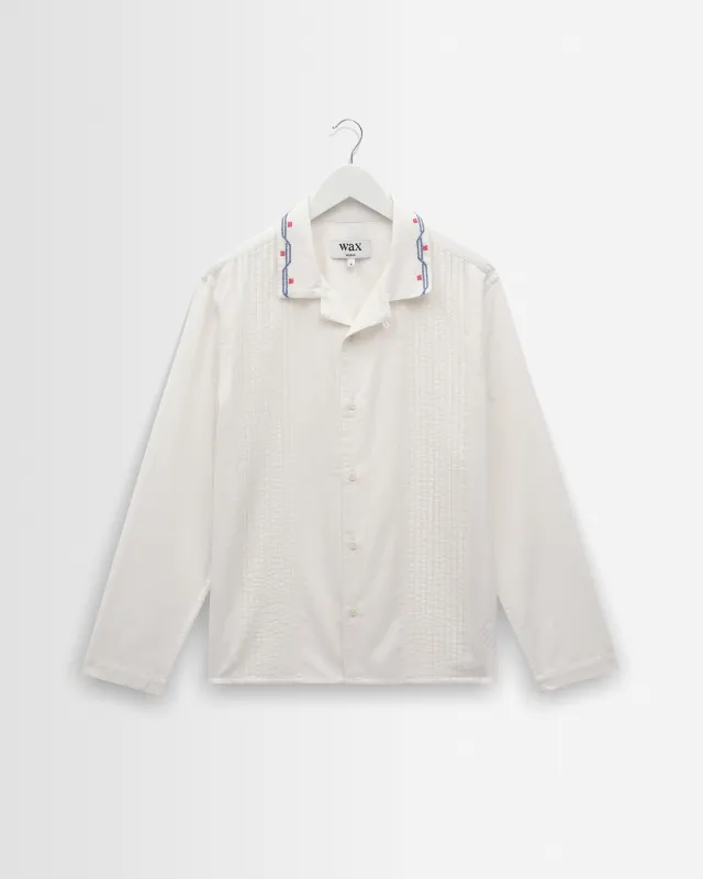 Corey - Ecru Pintuck Border Cotton-Linen Shirt made by Wax London