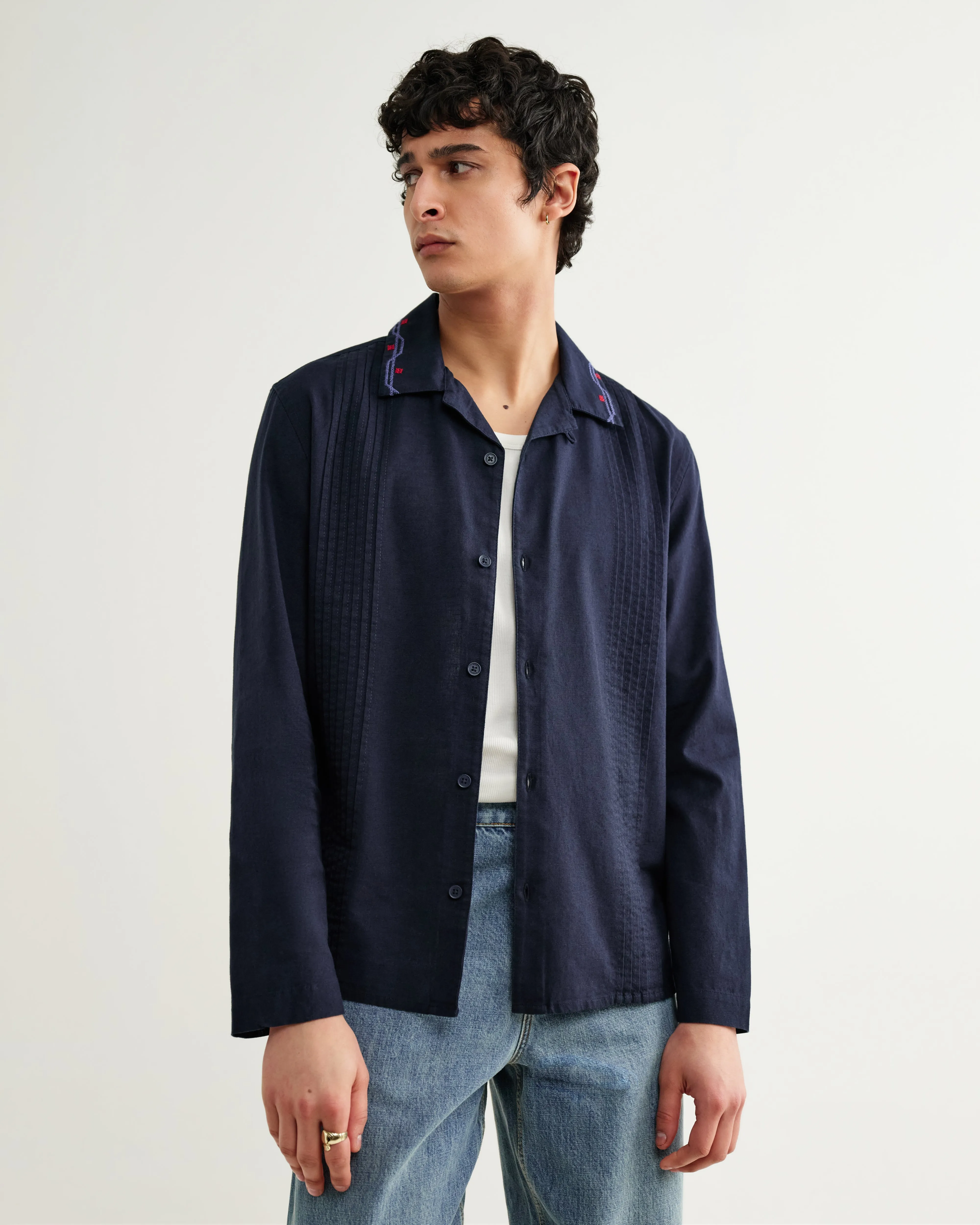 Corey - Navy Pintuck Border Cotton-Linen Shirt sold by Wax London product image thumbnail 2