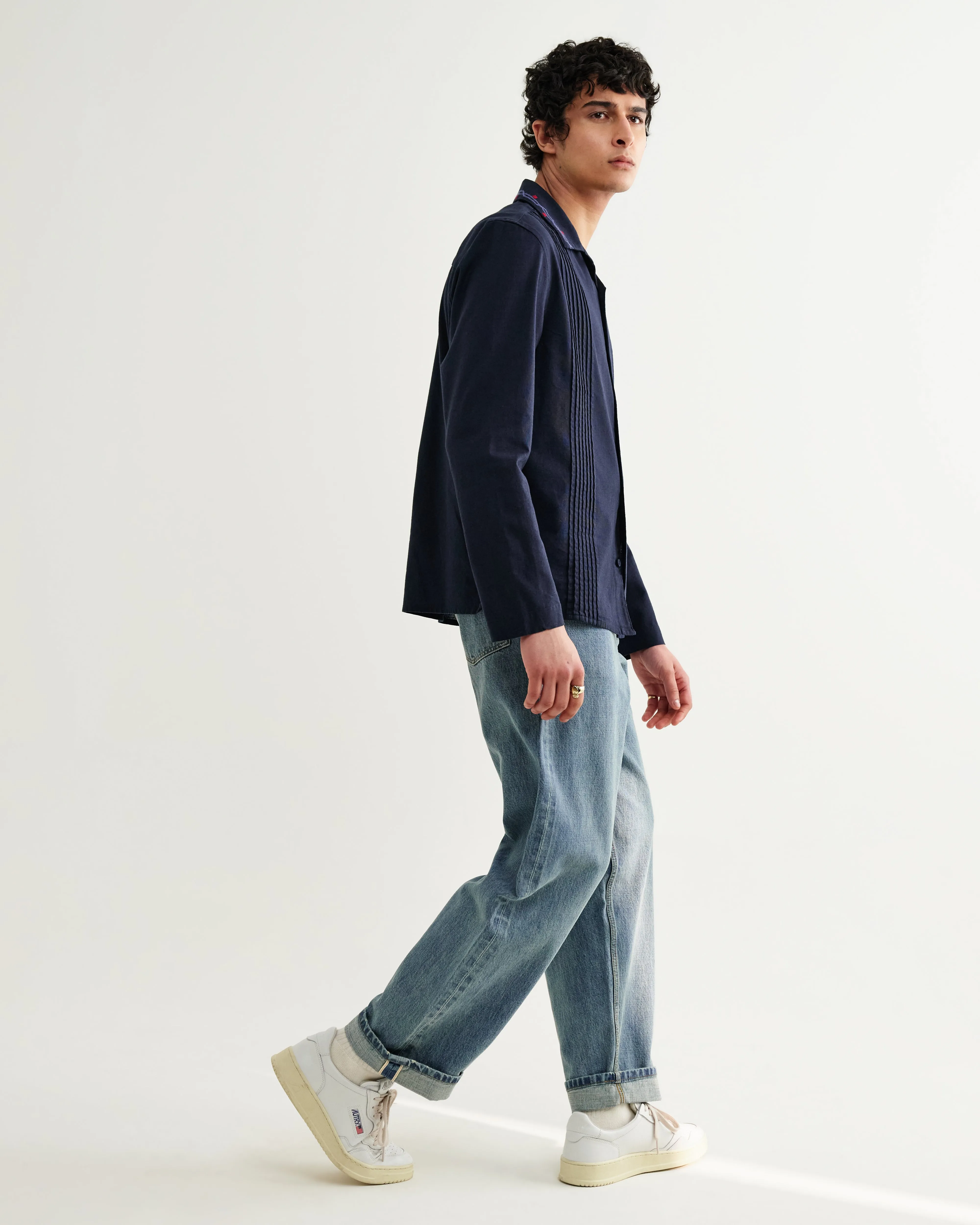 Corey - Navy Pintuck Border Cotton-Linen Shirt sold by Wax London product image thumbnail 5