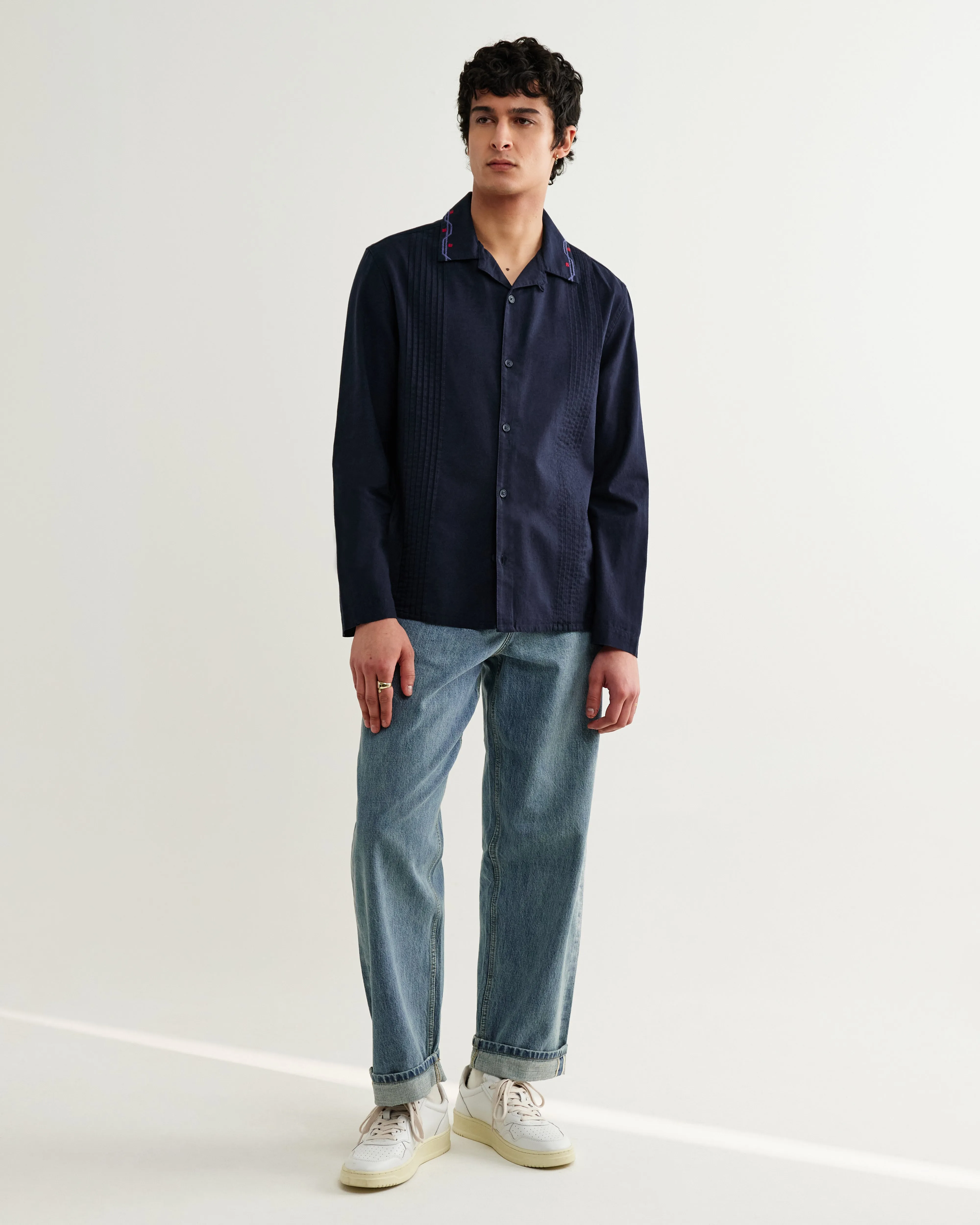 Corey - Navy Pintuck Border Cotton-Linen Shirt sold by Wax London product image thumbnail 4