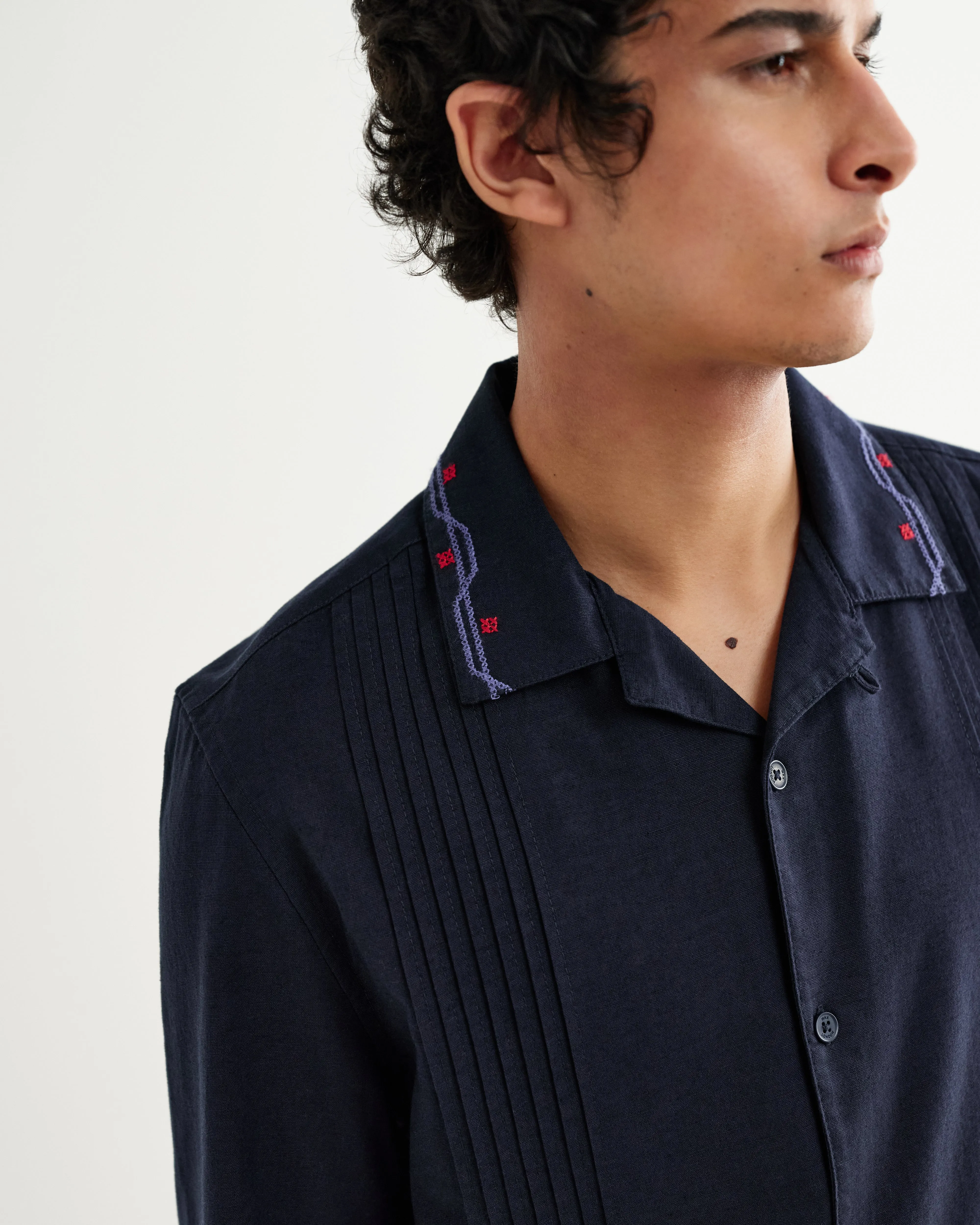 Corey - Navy Pintuck Border Cotton-Linen Shirt sold by Wax London product image thumbnail 3