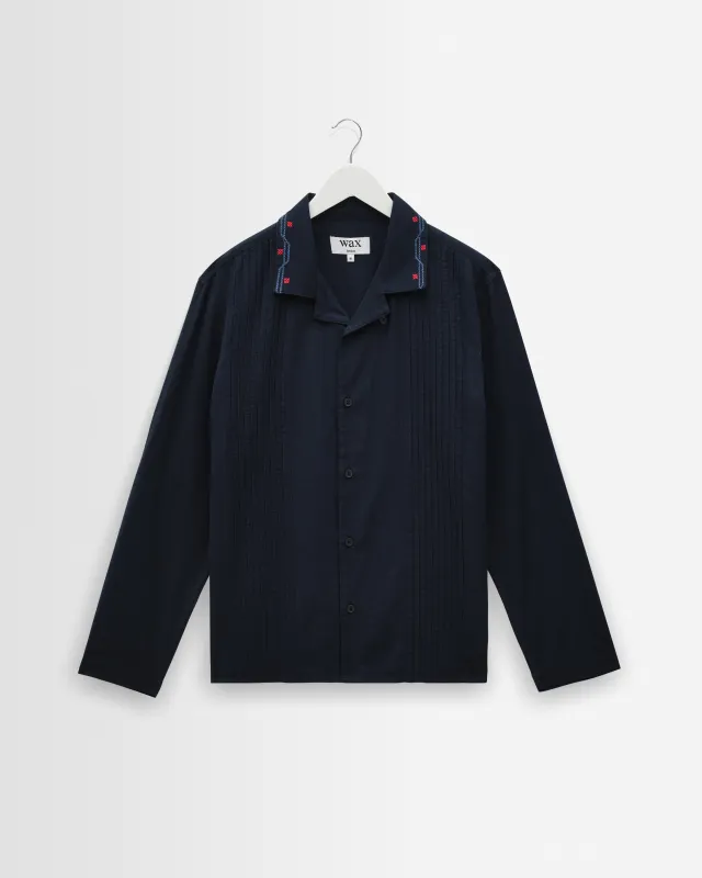 Corey - Navy Pintuck Border Cotton-Linen Shirt made by Wax London