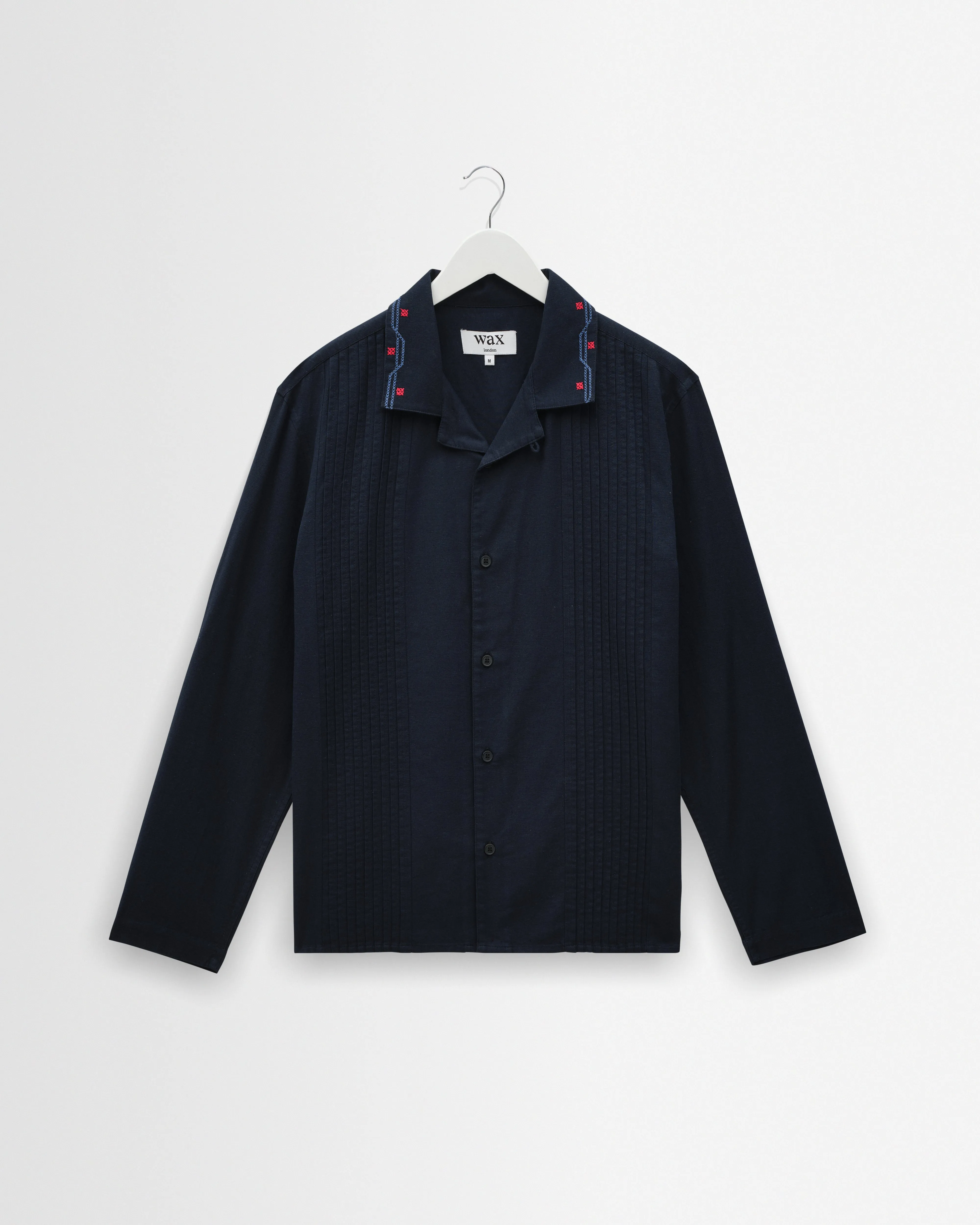Corey - Navy Pintuck Border Cotton-Linen Shirt sold by Wax London