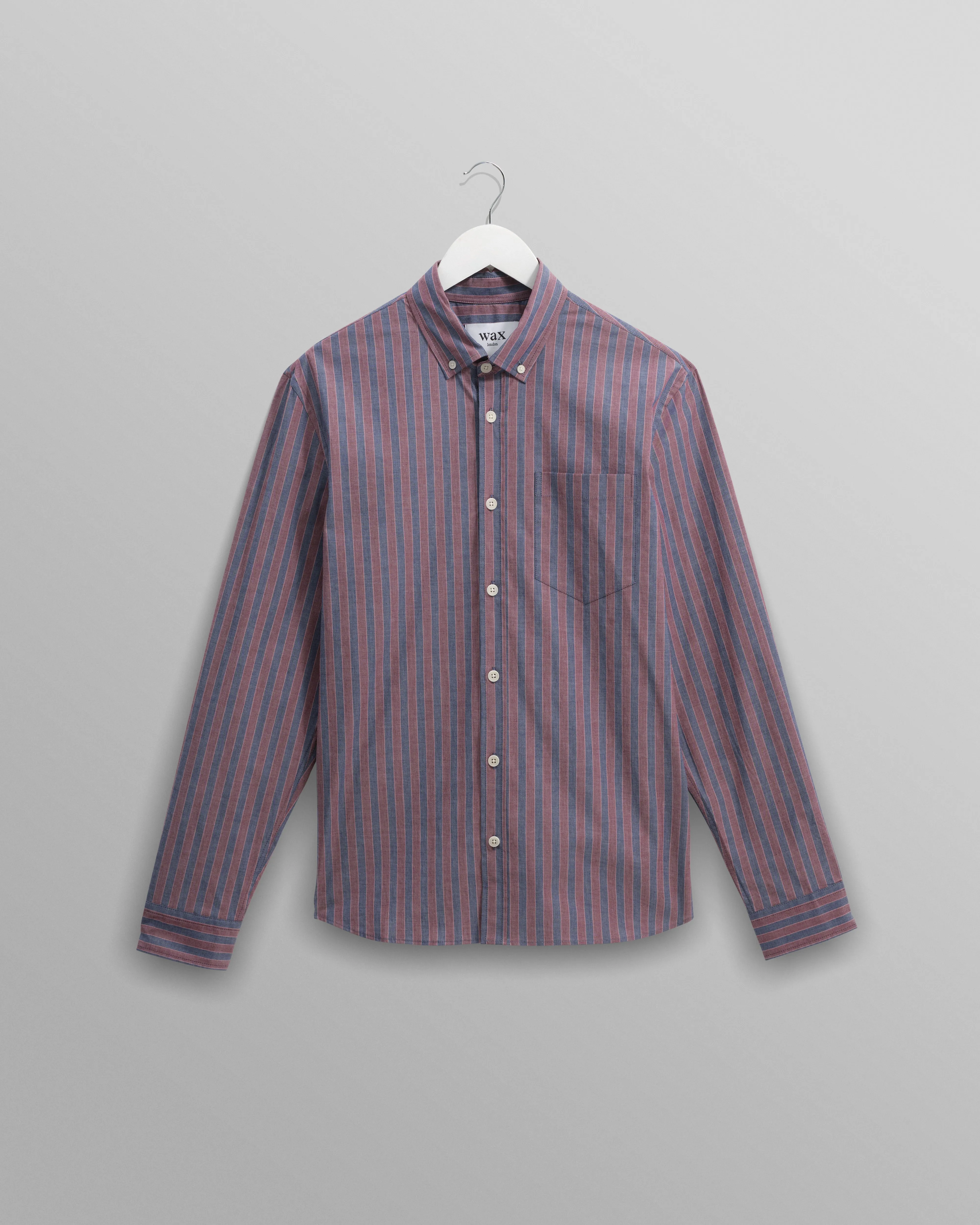 Abingdon - Blue And Burgundy Halo Stripe Shirt sold by Wax London