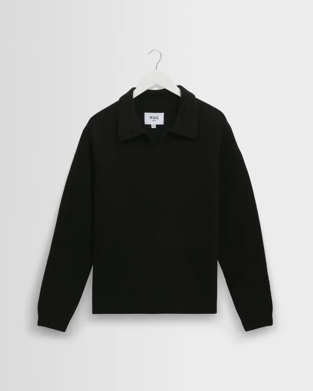 Carter - Black Open Collar Fluffy Wool Knit Polo made by Wax London