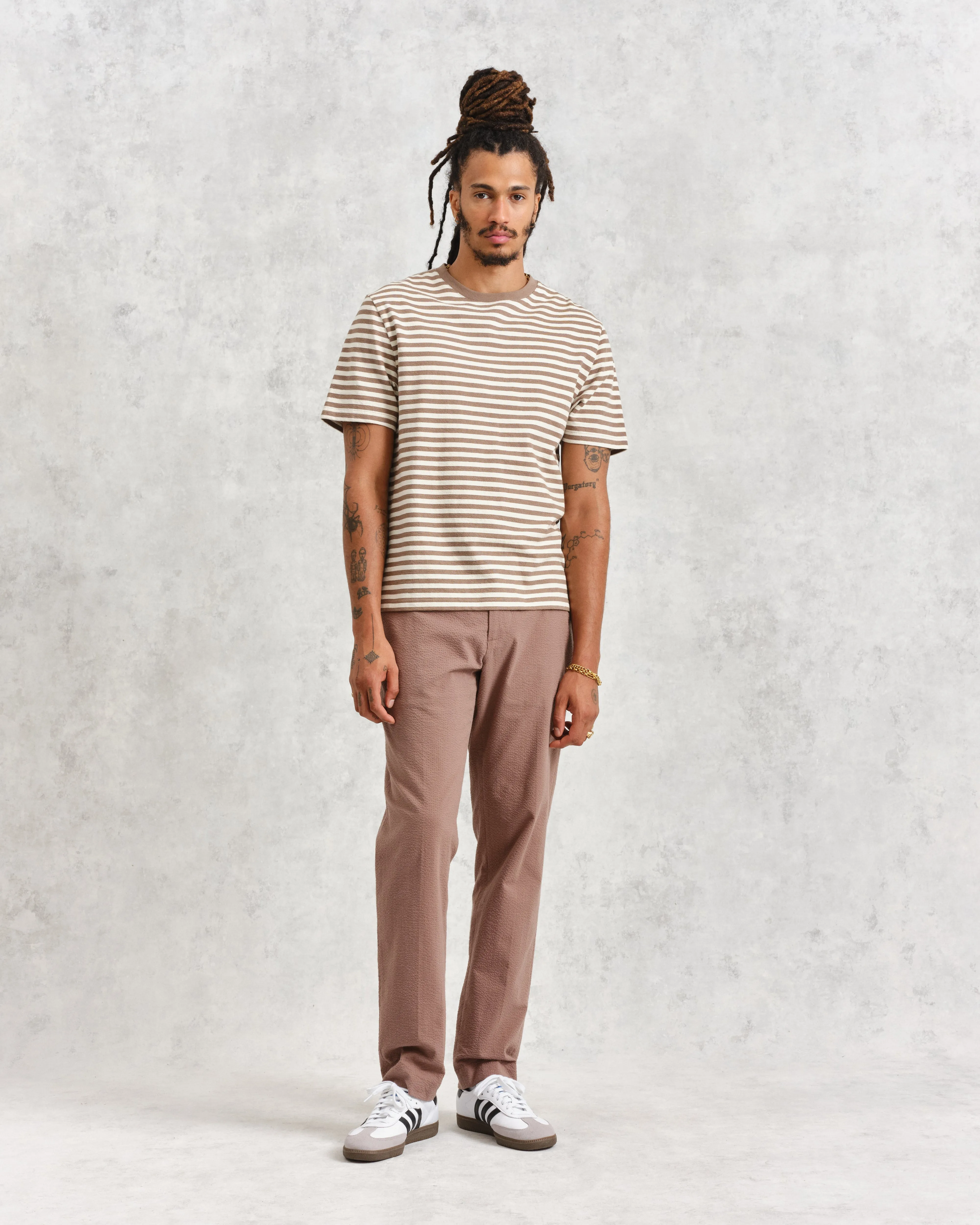 Dean - Walnut/Ecru Striped Textured Organic Cotton T-Shirt sold by Wax London product image thumbnail 4